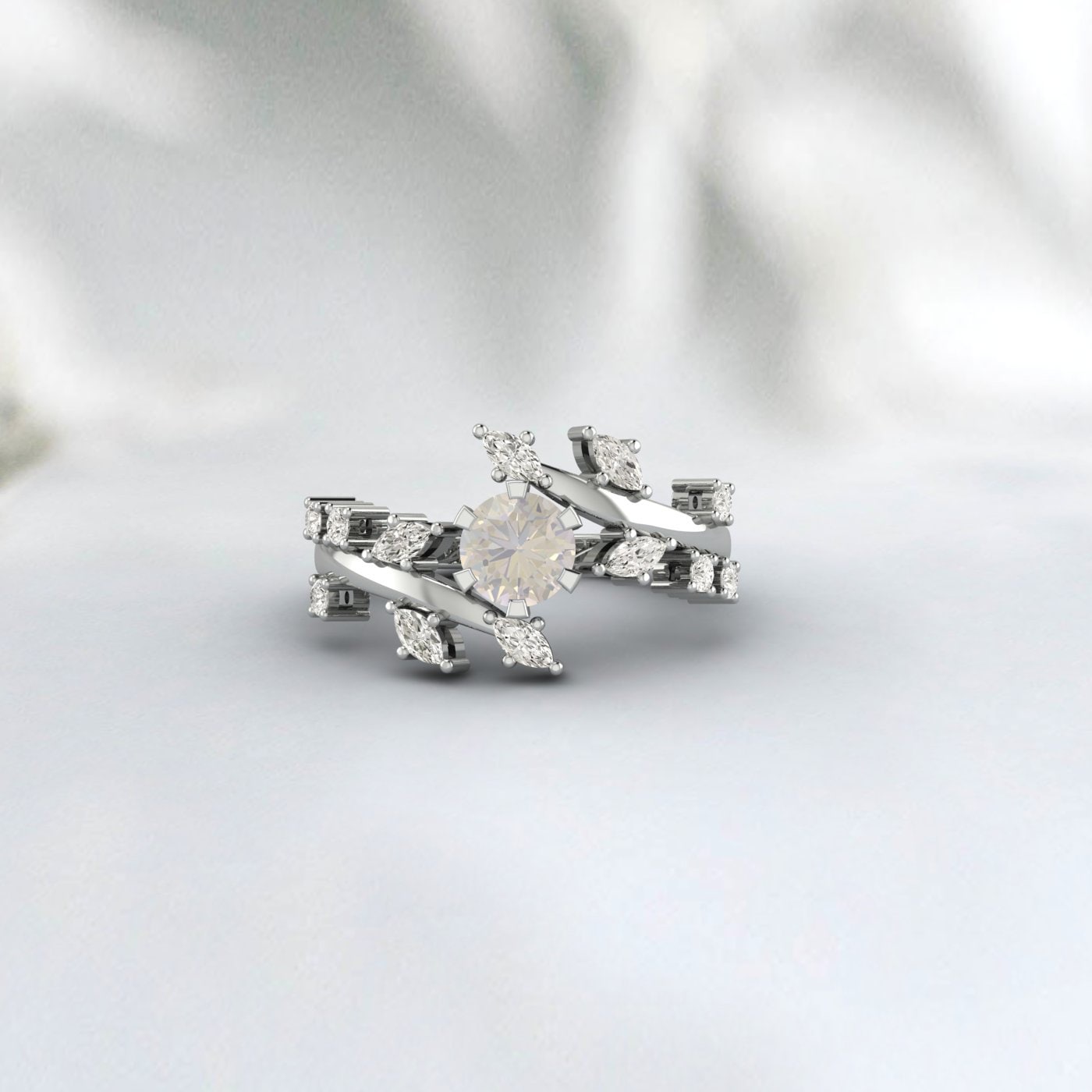 Moonstone Diamond Cluster leaf style ring Bridal Unique wedding Band