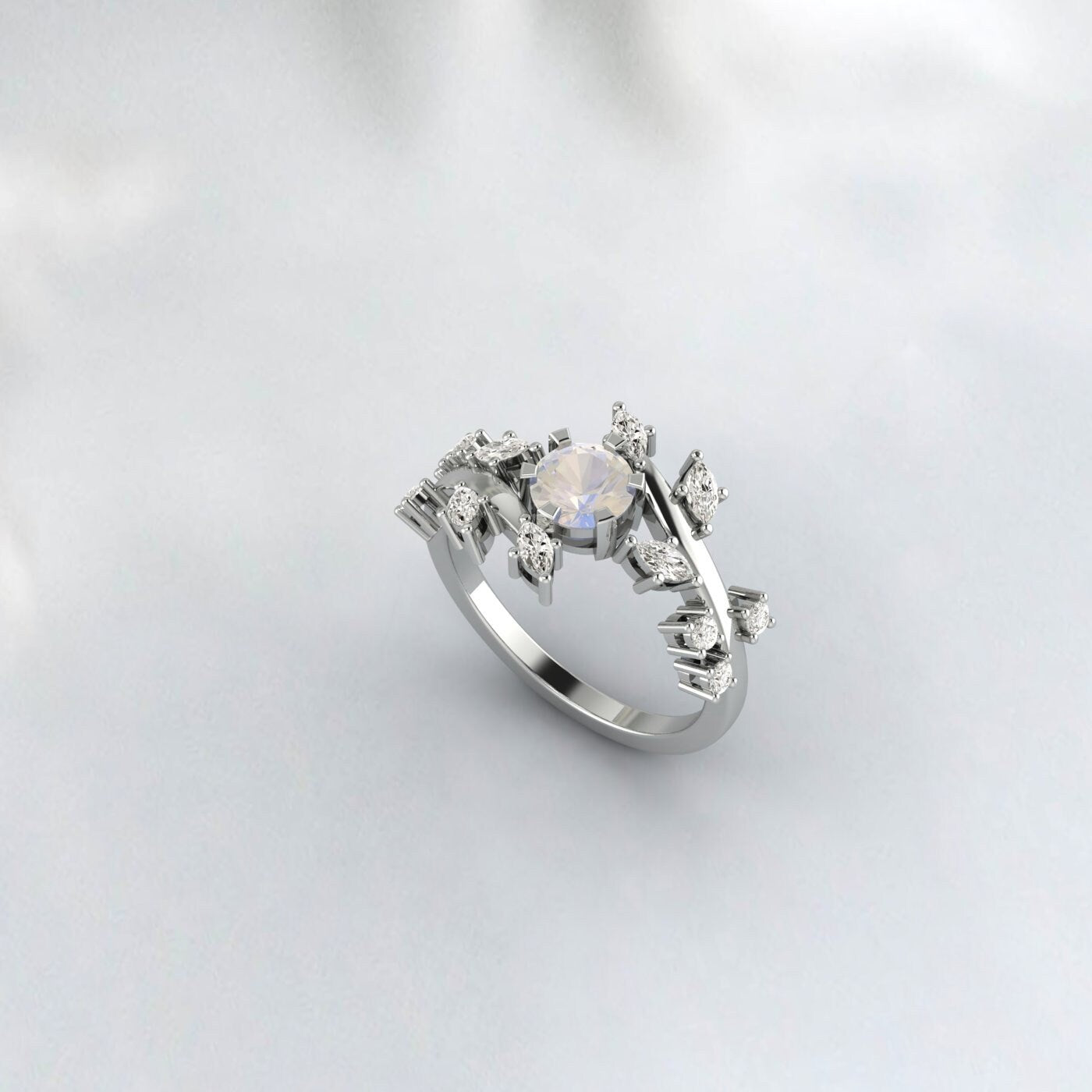 Moonstone Diamond Cluster leaf style ring Bridal Unique wedding Band