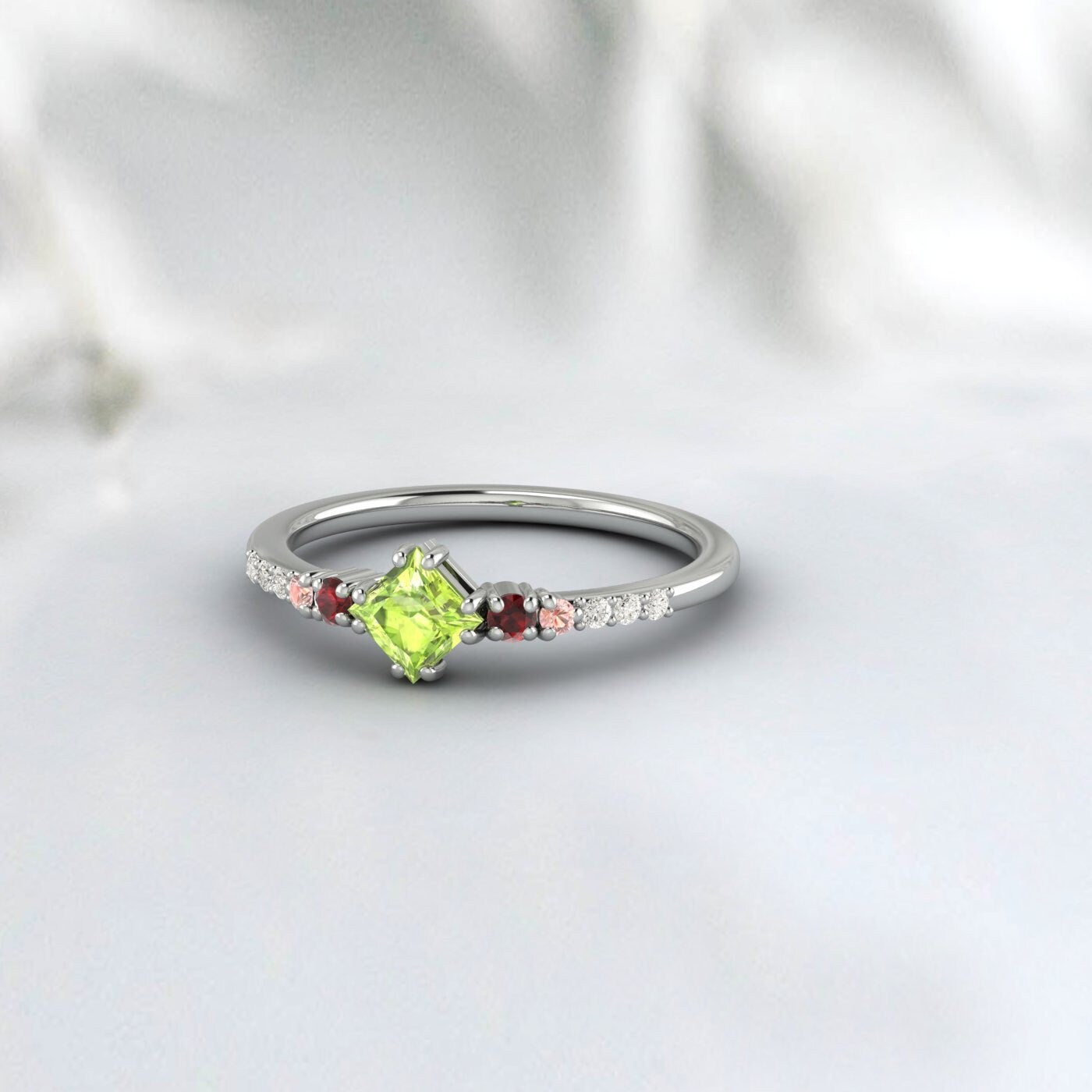 Princess Cut Euphoria Peridot With Sapphire Stone Diamond Silver Ring