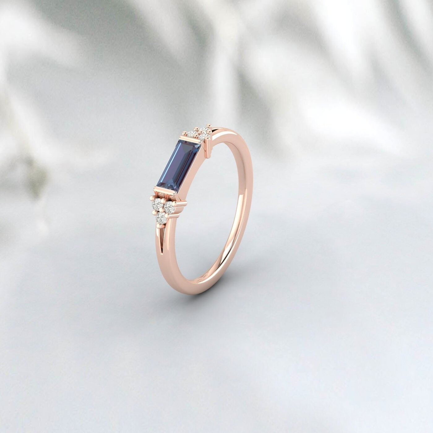 Baguette Purple Alexandrite Wedding Band Cluster Engagement Ring