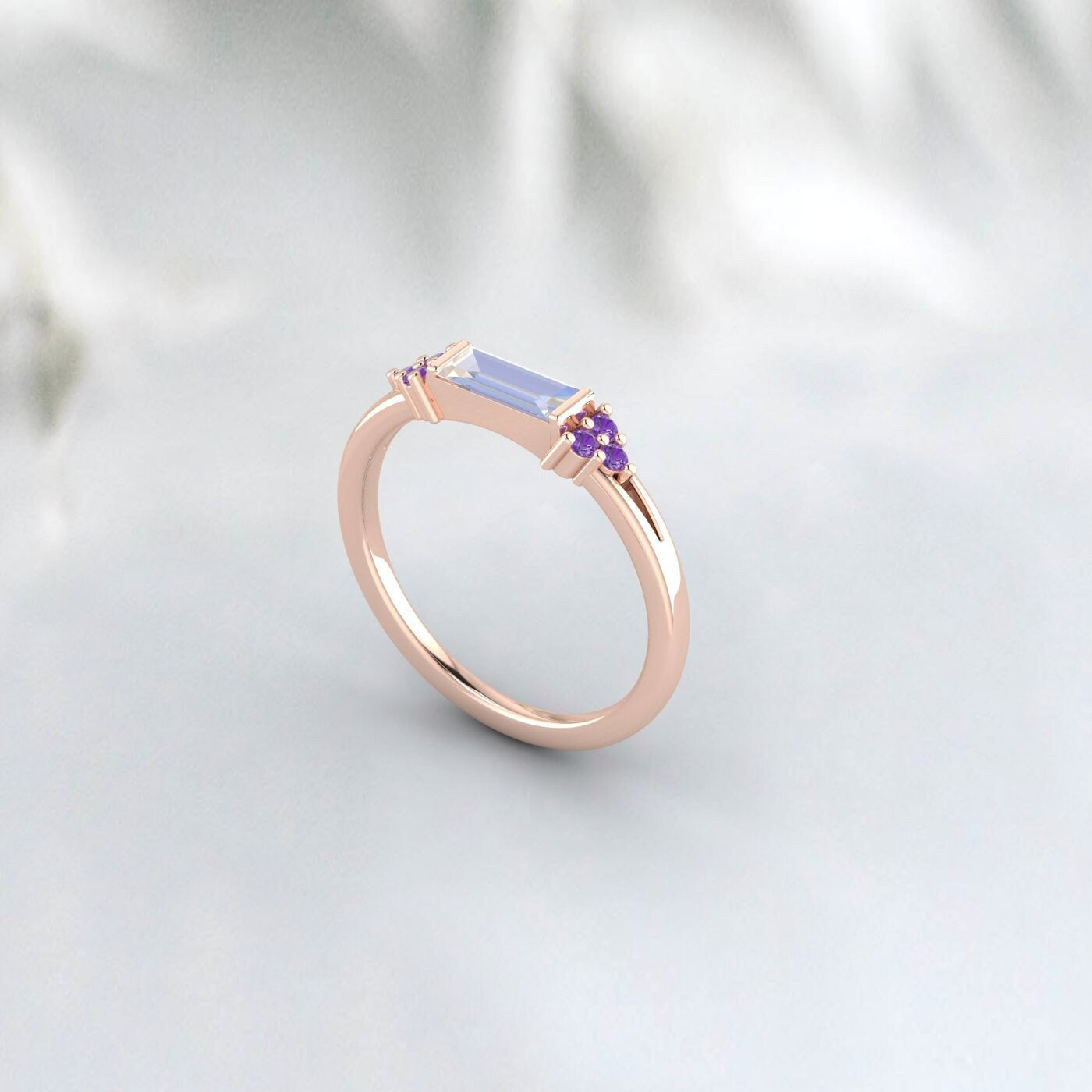 Natural Baguette Moonstone And Amethyst Ring 925 Sterling Silver Band
