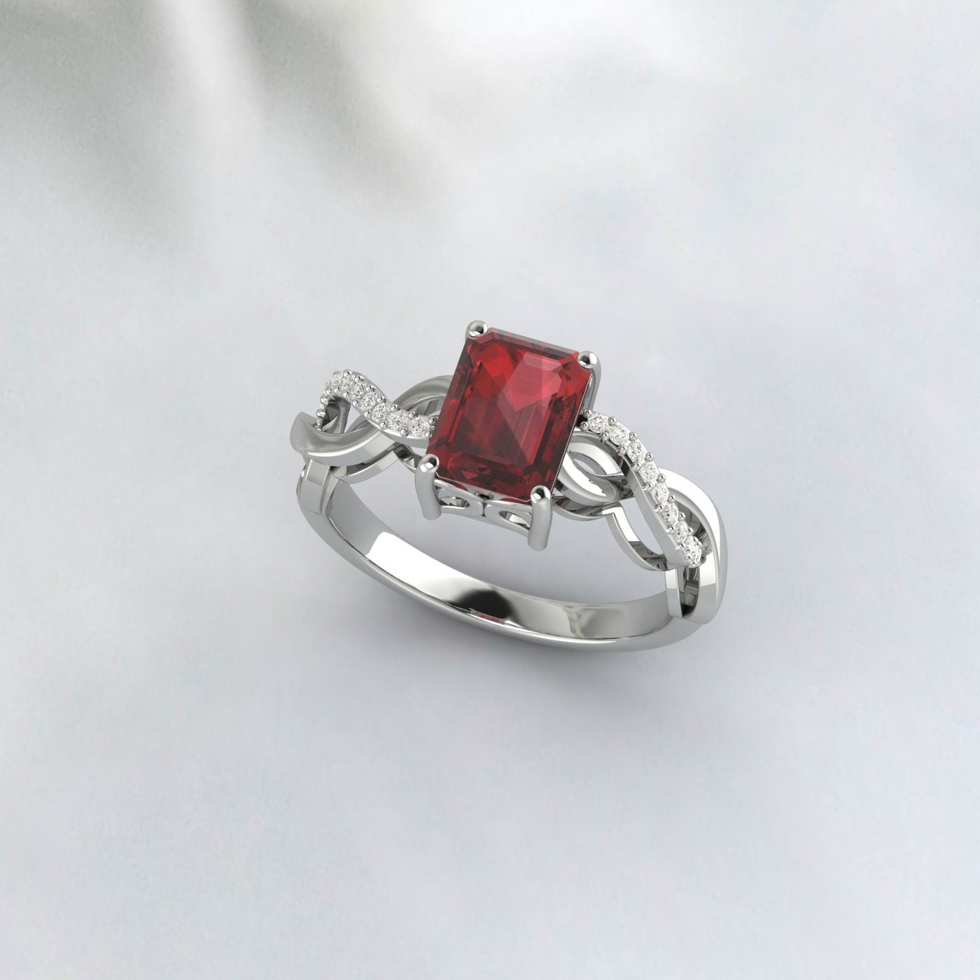 Emerald Cut Natural Red Garnet Twisted Engagement Ring Promise Ring