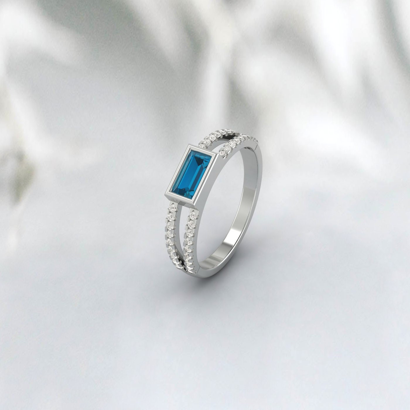 London Blue Topaz Art Deco Ring Sterling Silver 925 | Baguette Minimalist Engagement
