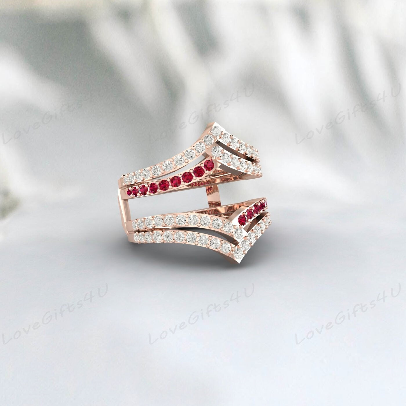 Bague double courbée en rubis et diamants pour rehausseur de mariage pour femme