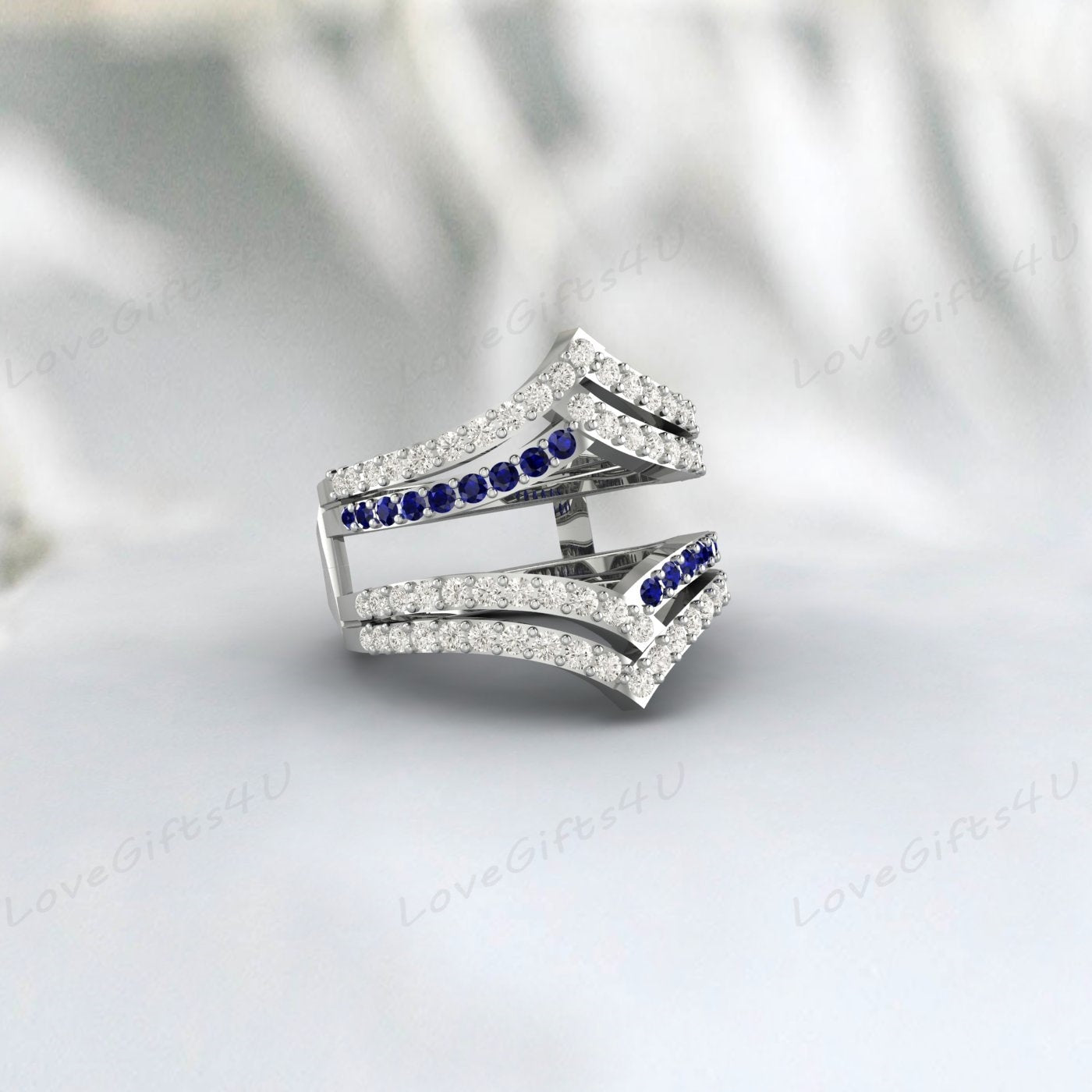 Bague de fiançailles rehausseur de mariage avec saphir bleu et couronne de diamants