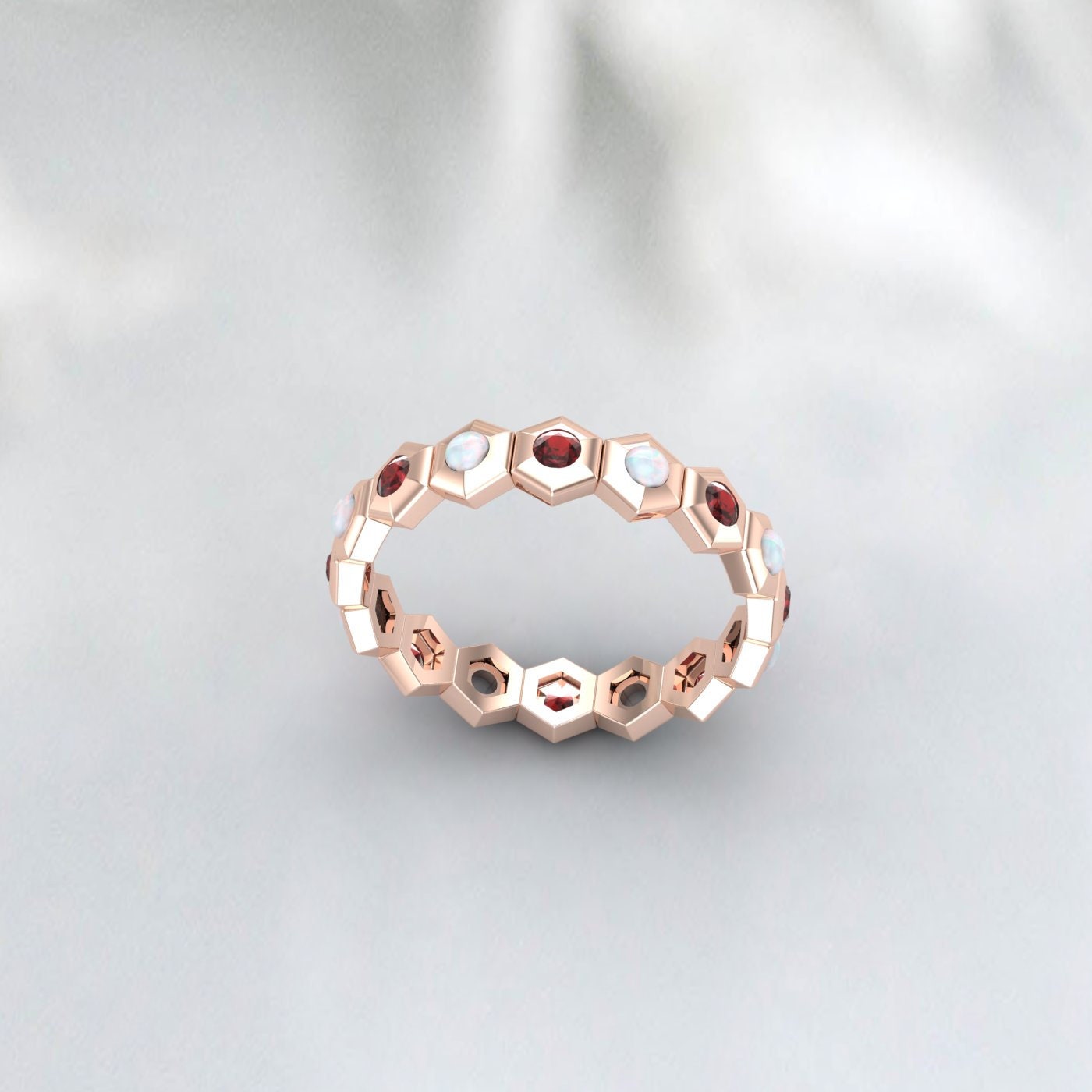 Hexagon Shape Opal Garnet Wedding Band Ring Engagement 14k White Gold 925 Sterling Silver Eternity Minimalist Stacking Matching Band