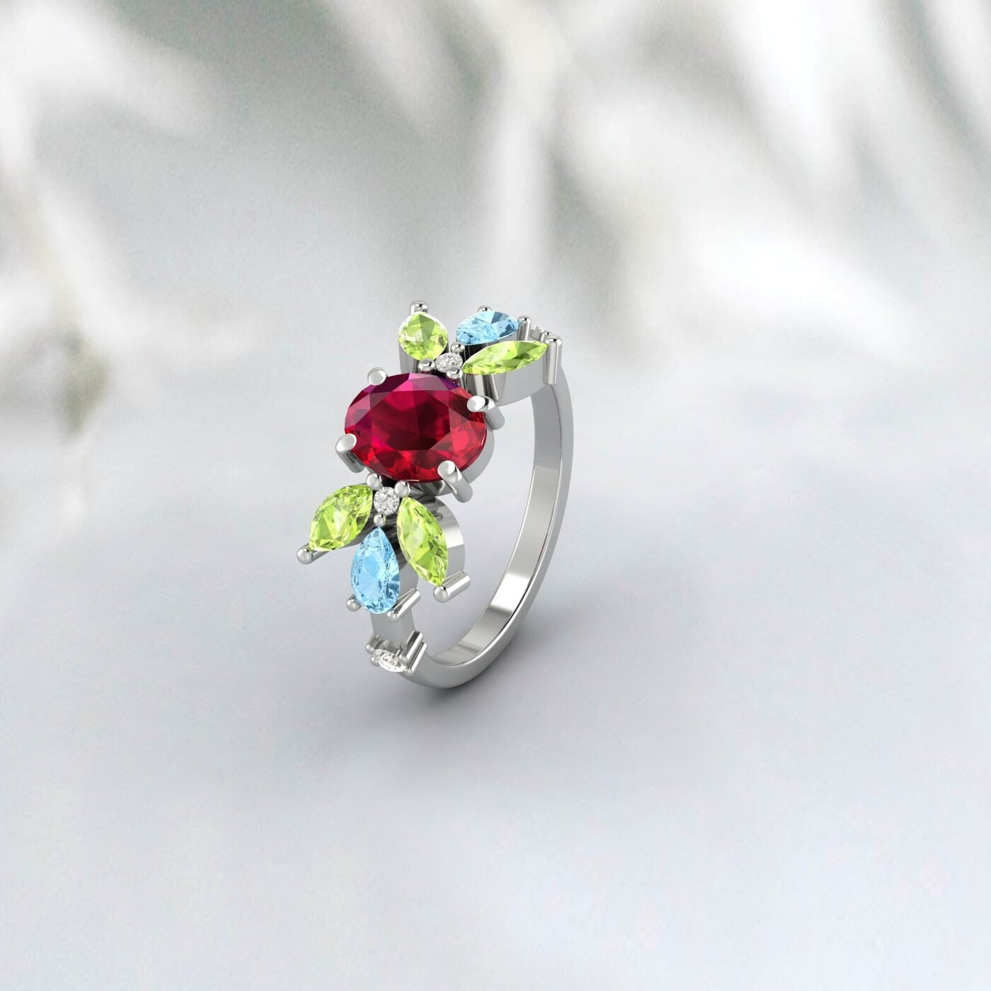 Ovel Ruby And Peridot Ring Pear Shape Aquamarine Ring Engagement Ring