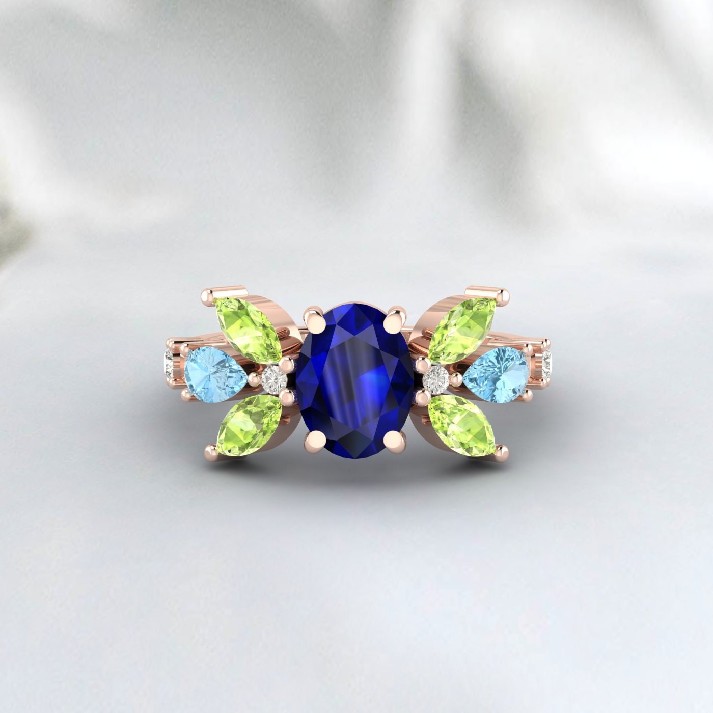 Oval Sapphire Engagement Ring Peridot And Aquamarine Wedding Ring