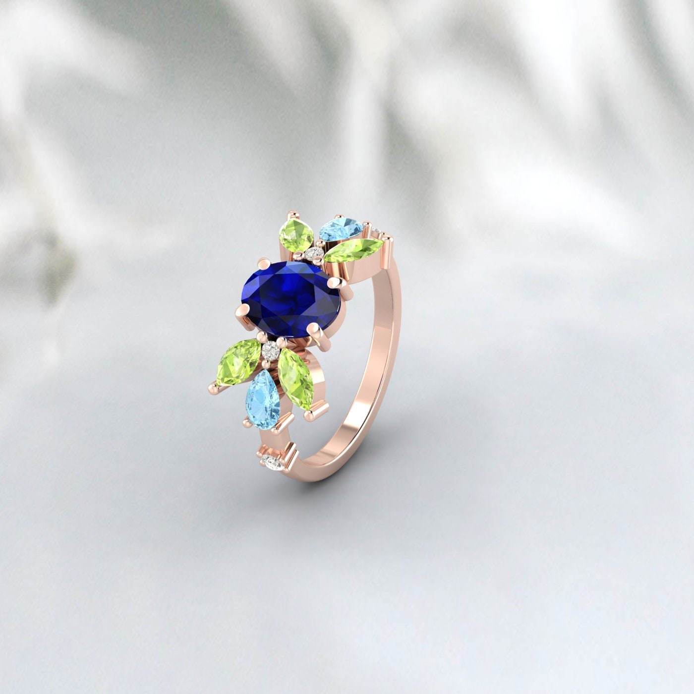 Oval Sapphire Engagement Ring Peridot And Aquamarine Wedding Ring