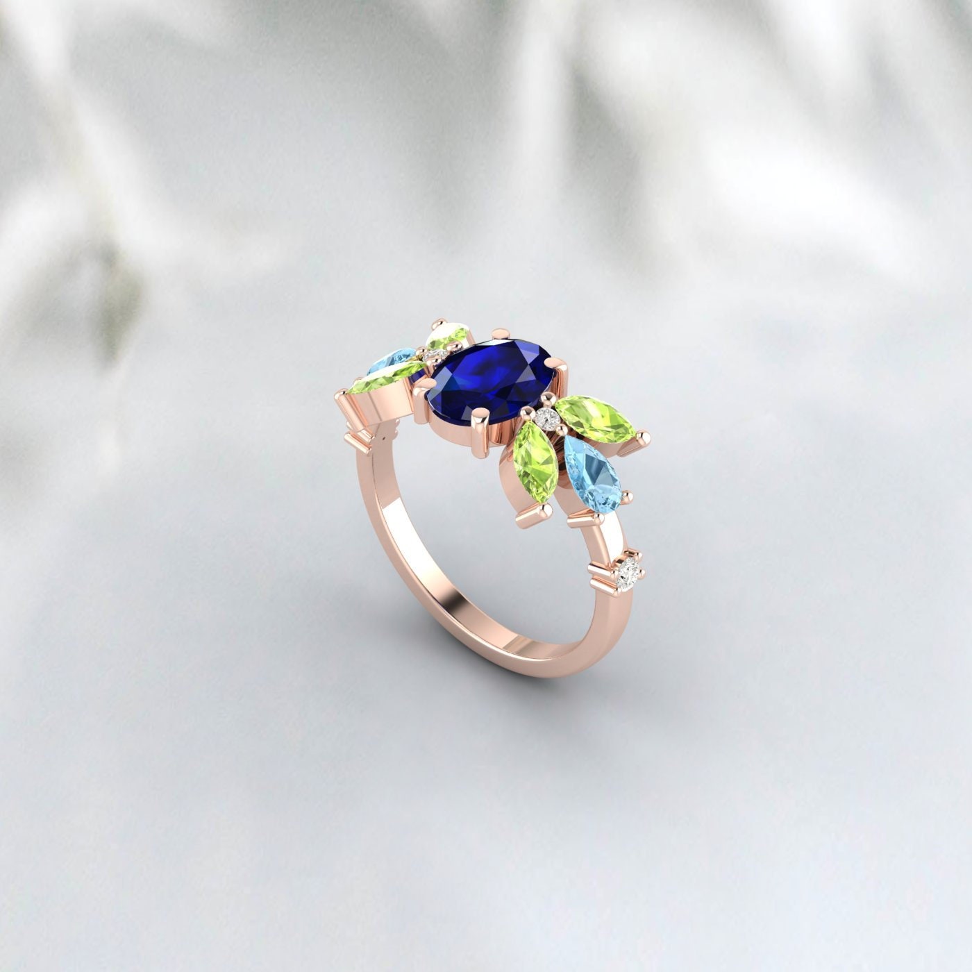 Oval Sapphire Engagement Ring Peridot And Aquamarine Wedding Ring