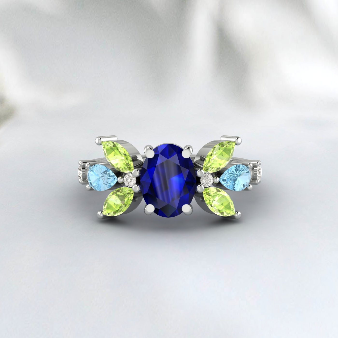 Oval Sapphire Engagement Ring Peridot And Aquamarine Wedding Ring