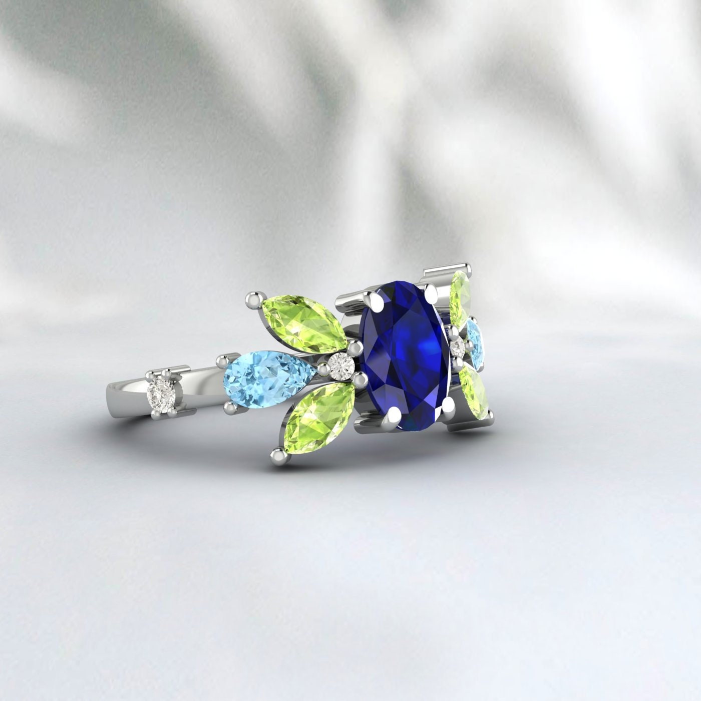 Oval Sapphire Engagement Ring Peridot And Aquamarine Wedding Ring