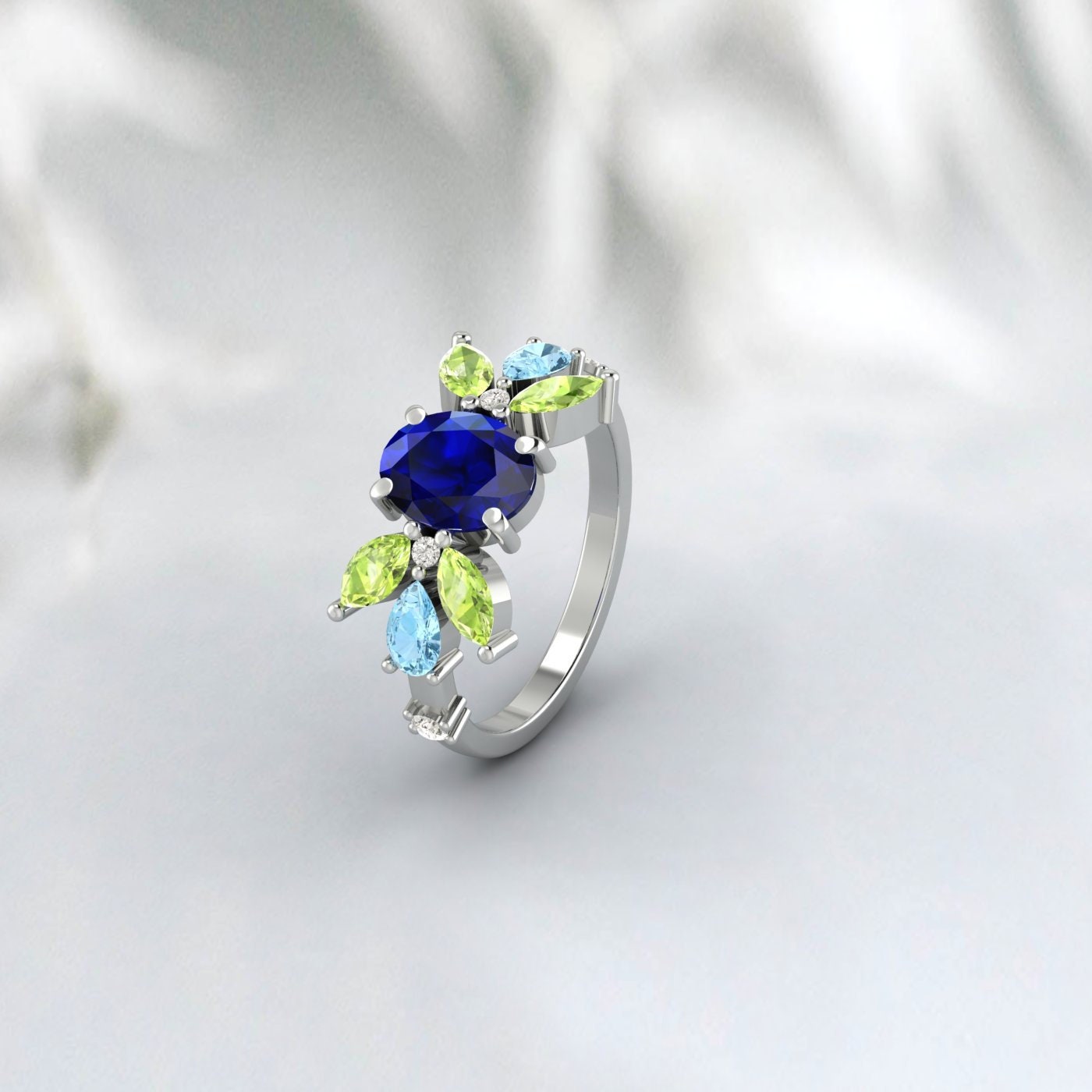Oval Sapphire Engagement Ring Peridot And Aquamarine Wedding Ring