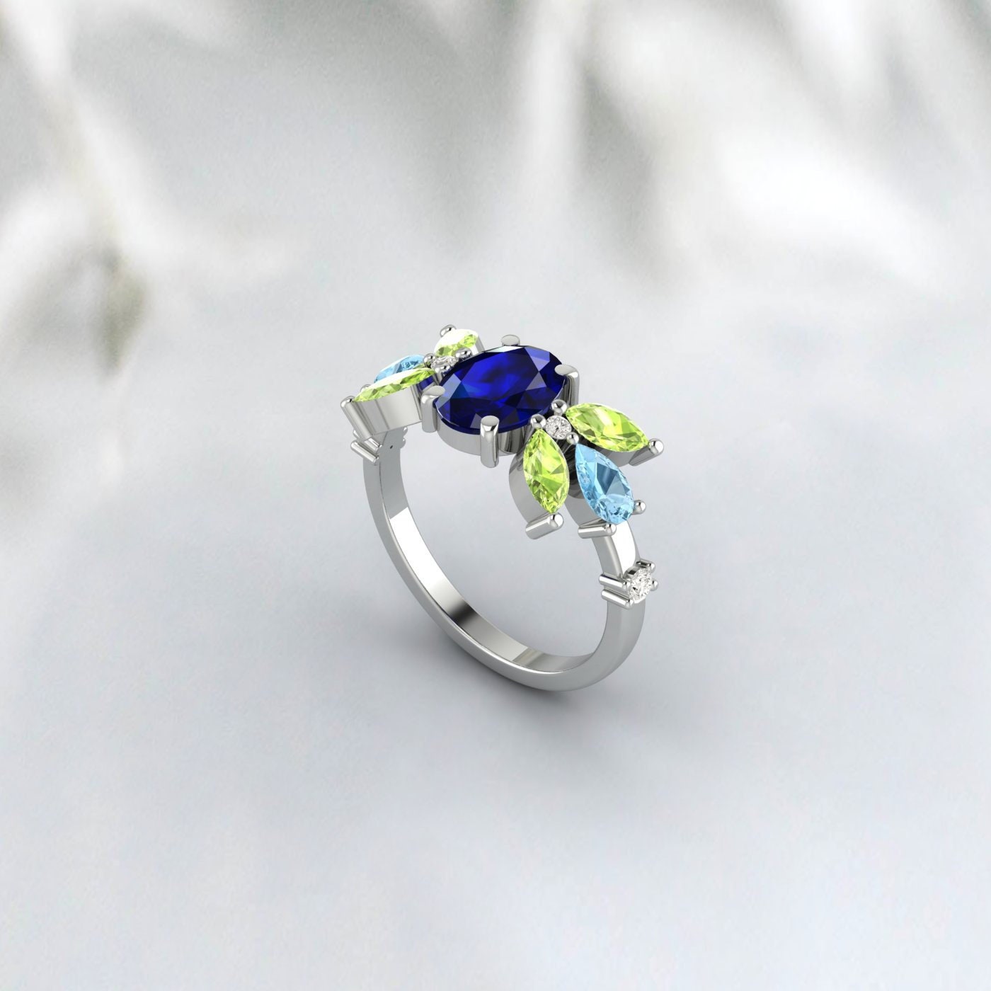 Oval Sapphire Engagement Ring Peridot And Aquamarine Wedding Ring