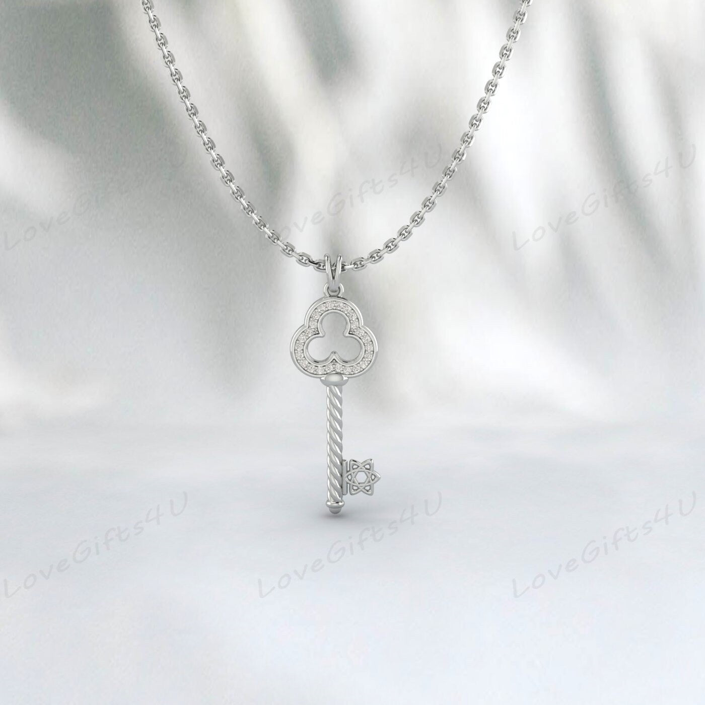 Diamond Key Pendant Necklace, 14k 18k 10k Solid Gold Diamond Key Charm Necklace, Valentines Day Gift for Wife, New Mom Gift for Mother