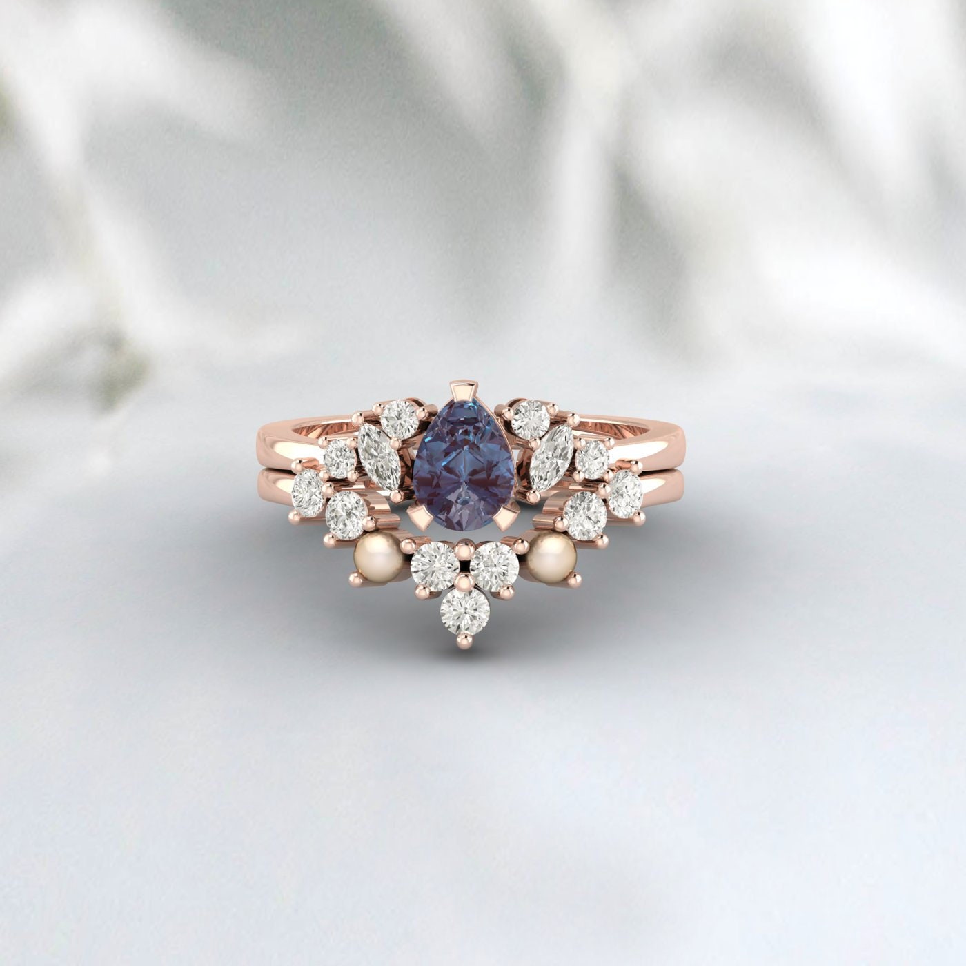 Vintage Alexandrite And Pearl Bridal Ring Set Pear Cut Art Deco Ring