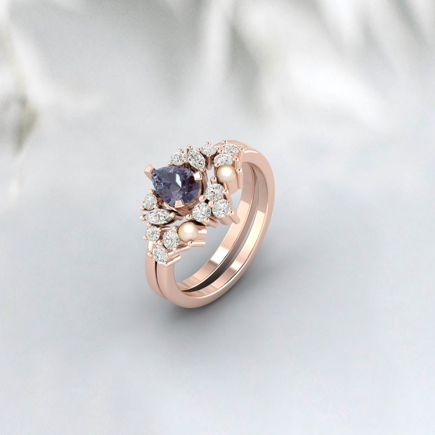 Vintage Alexandrite And Pearl Bridal Ring Set Pear Cut Art Deco Ring