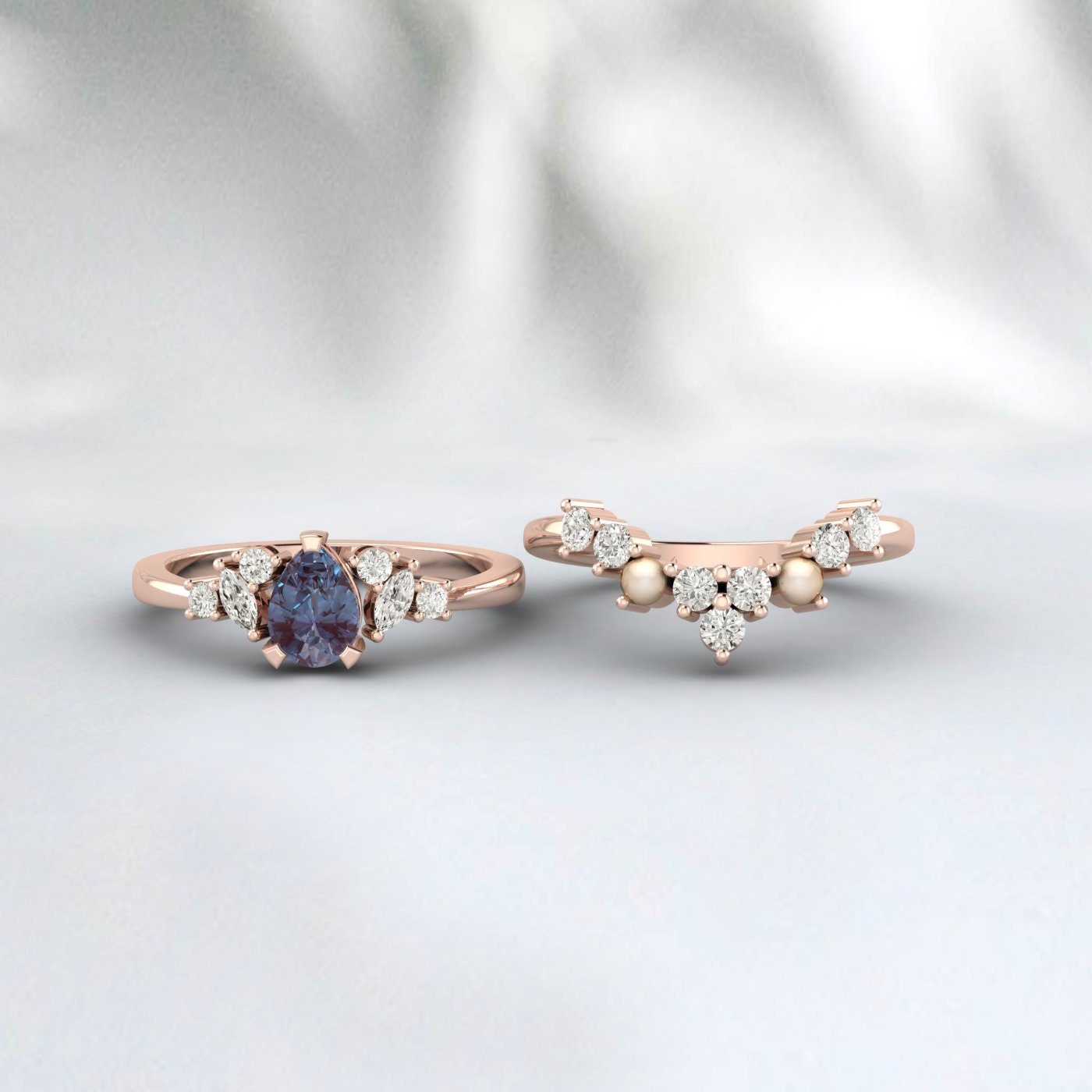 Vintage Alexandrite And Pearl Bridal Ring Set Pear Cut Art Deco Ring