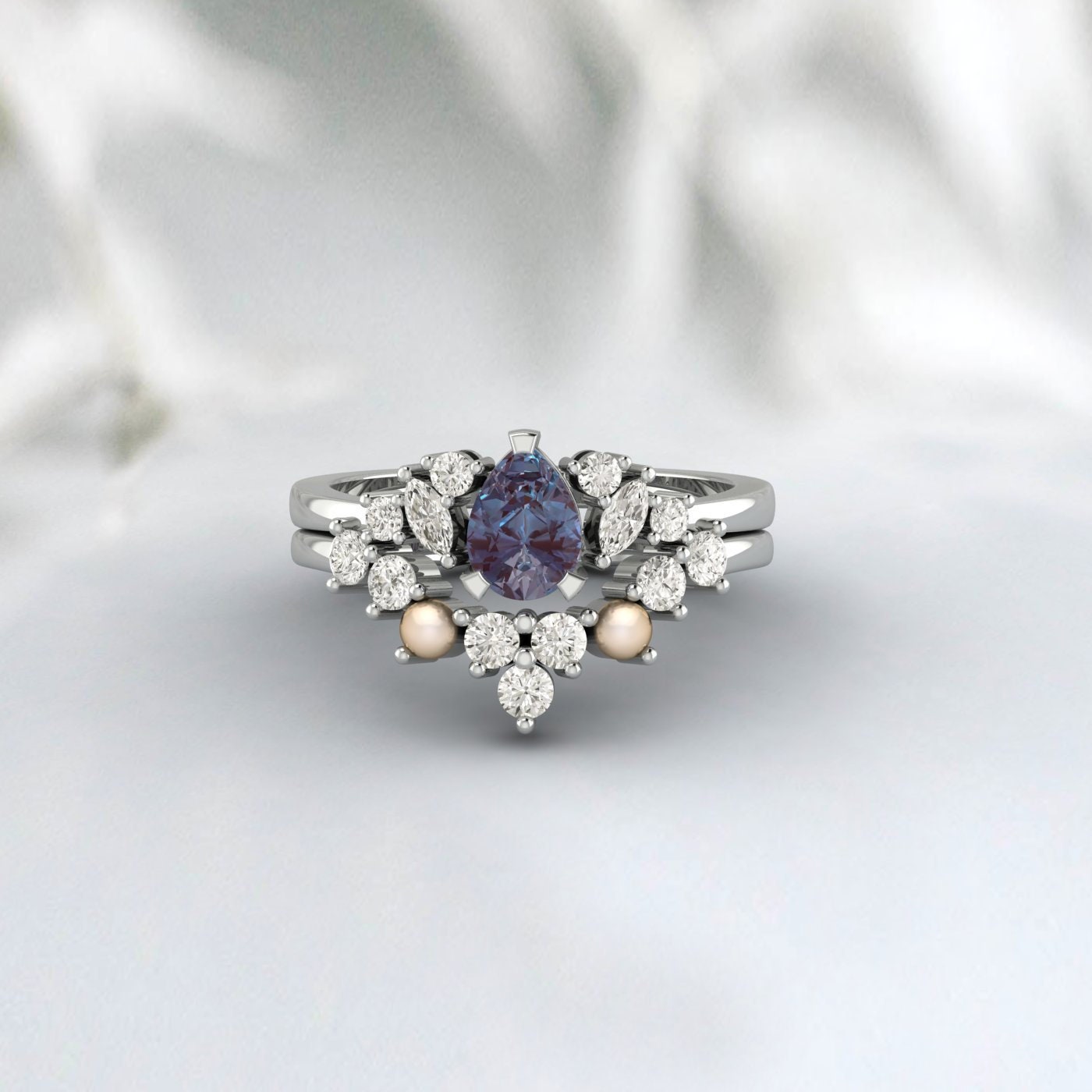 Vintage Alexandrite And Pearl Bridal Ring Set Pear Cut Art Deco Ring