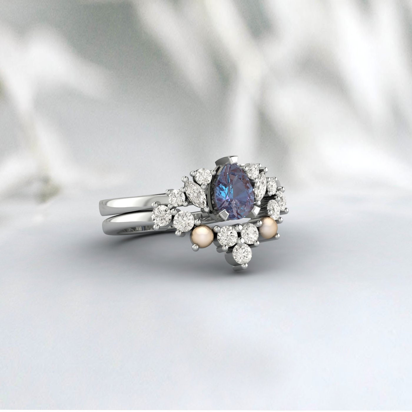 Vintage Alexandrite And Pearl Bridal Ring Set Pear Cut Art Deco Ring