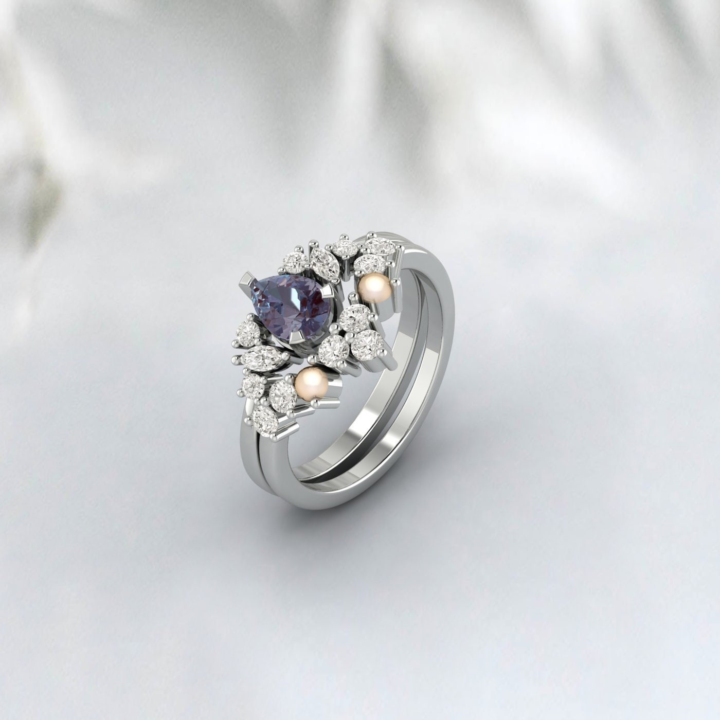Vintage Alexandrite And Pearl Bridal Ring Set Pear Cut Art Deco Ring