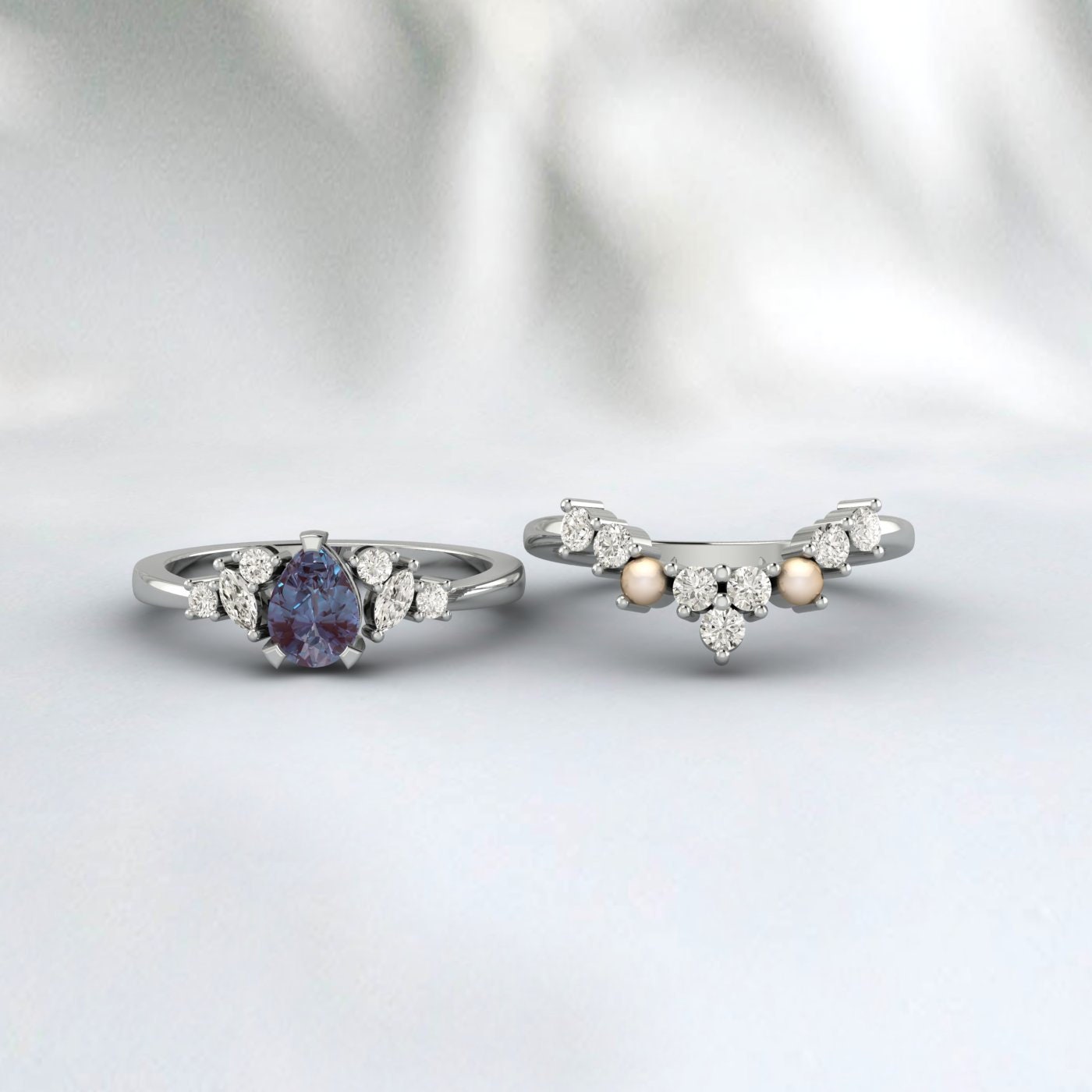 Vintage Alexandrite And Pearl Bridal Ring Set Pear Cut Art Deco Ring