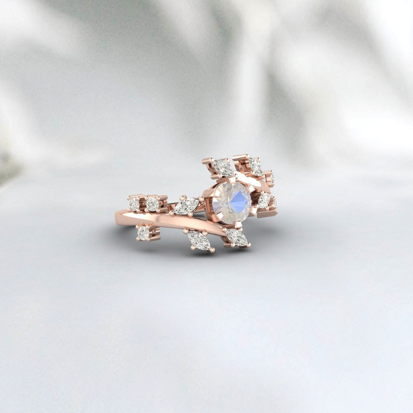 Moonstone Diamond Cluster leaf style ring Bridal Unique wedding Band