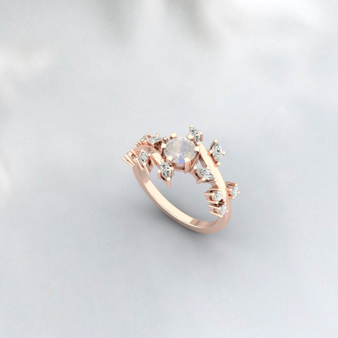 Moonstone Diamond Cluster leaf style ring Bridal Unique wedding Band