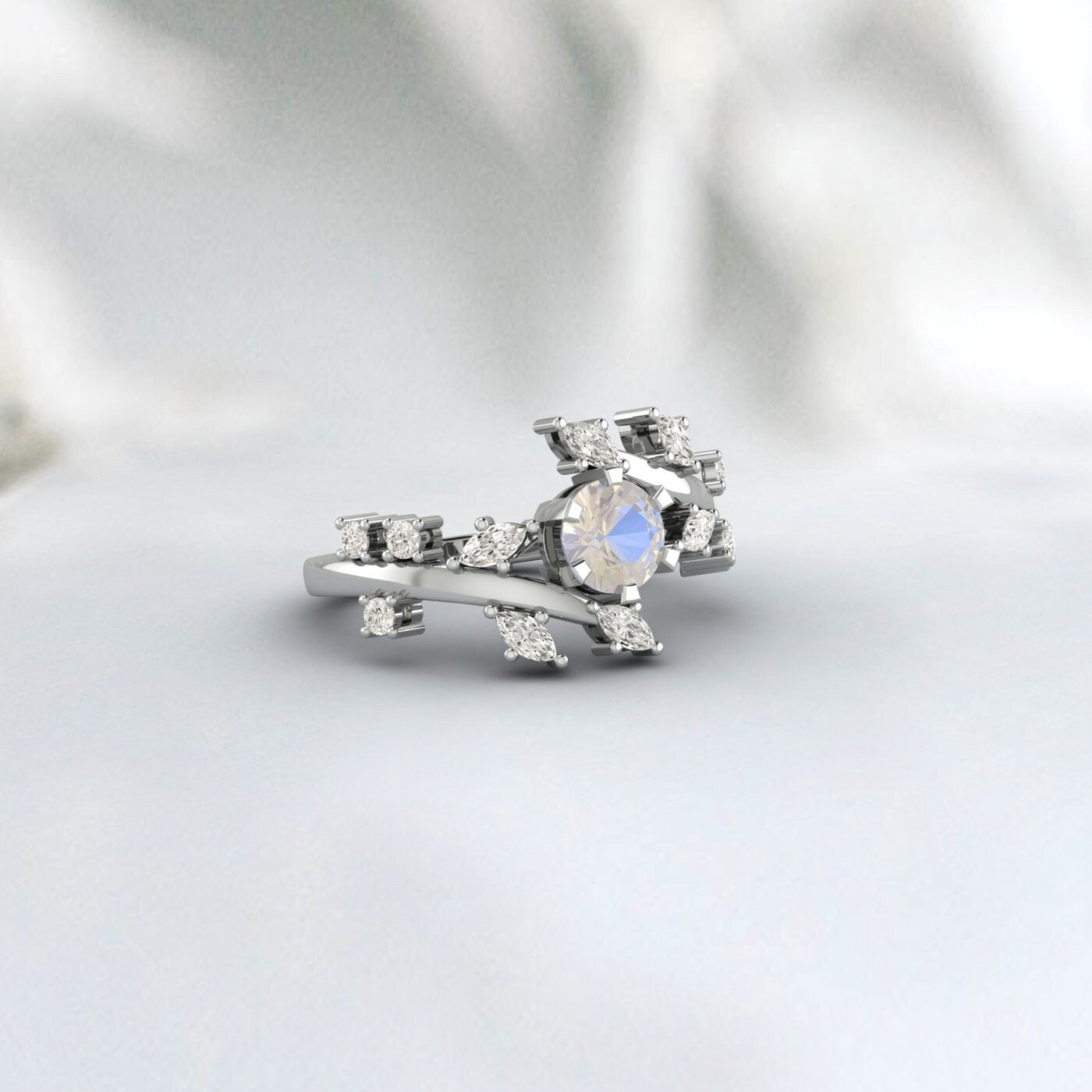 Moonstone Diamond Cluster leaf style ring Bridal Unique wedding Band