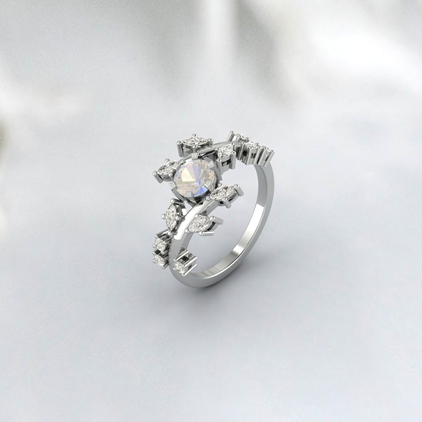 Moonstone Diamond Cluster leaf style ring Bridal Unique wedding Band