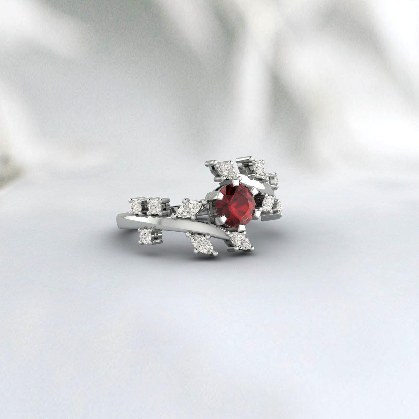 Natural Red Garnet Leaf Ring Rose Gold Promise Wedding Bridal Ring