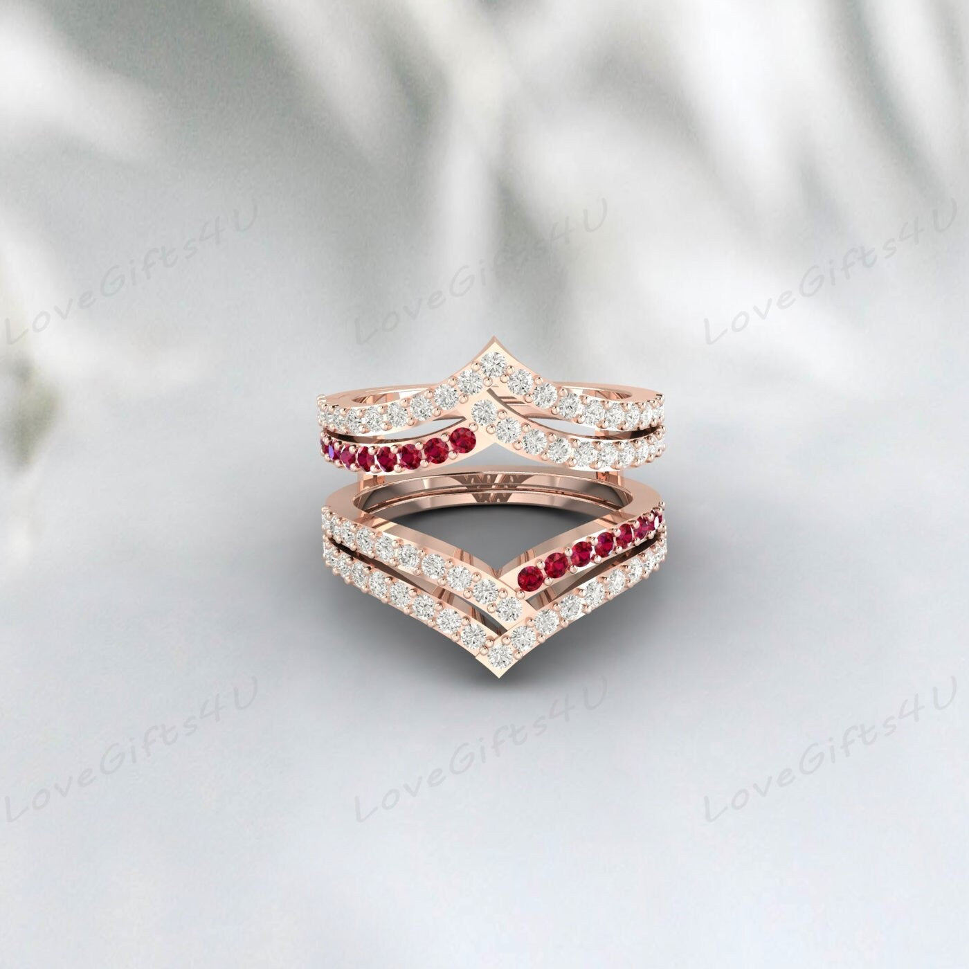 Bague double courbée en rubis et diamants pour rehausseur de mariage pour femme