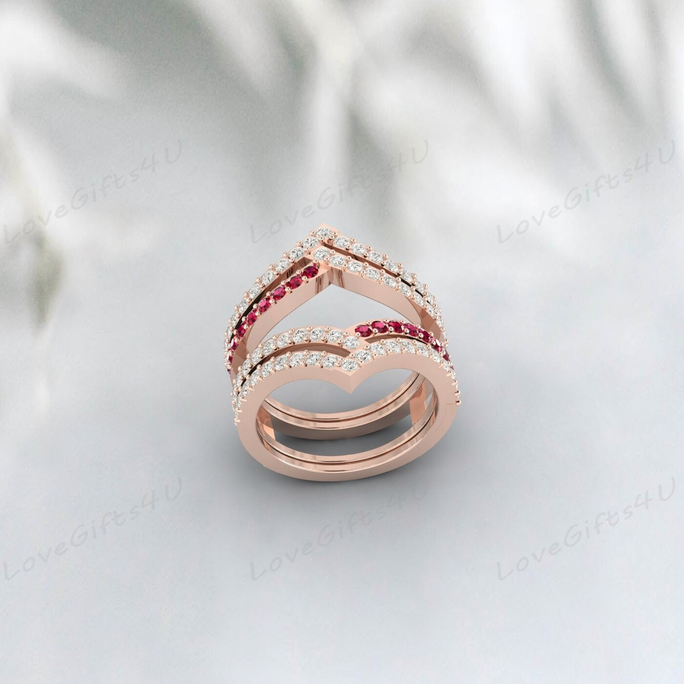 Bague double courbée en rubis et diamants pour rehausseur de mariage pour femme