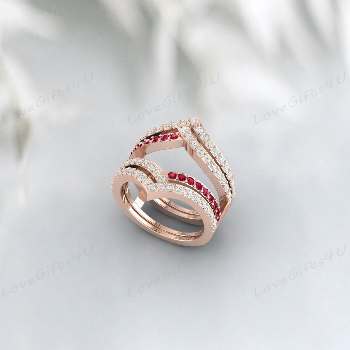 Bague double courbée en rubis et diamants pour rehausseur de mariage pour femme