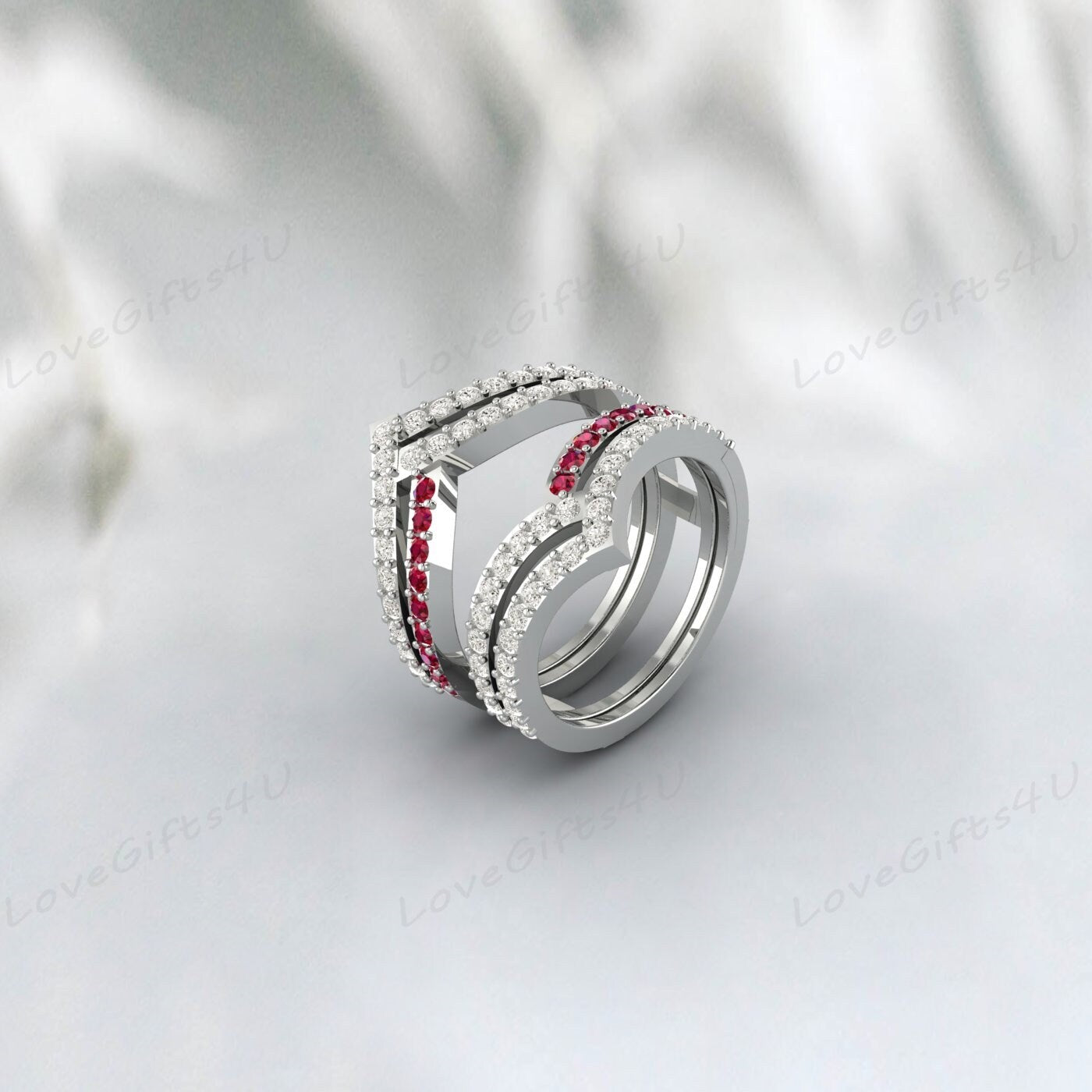 Bague double courbée en rubis et diamants pour rehausseur de mariage pour femme