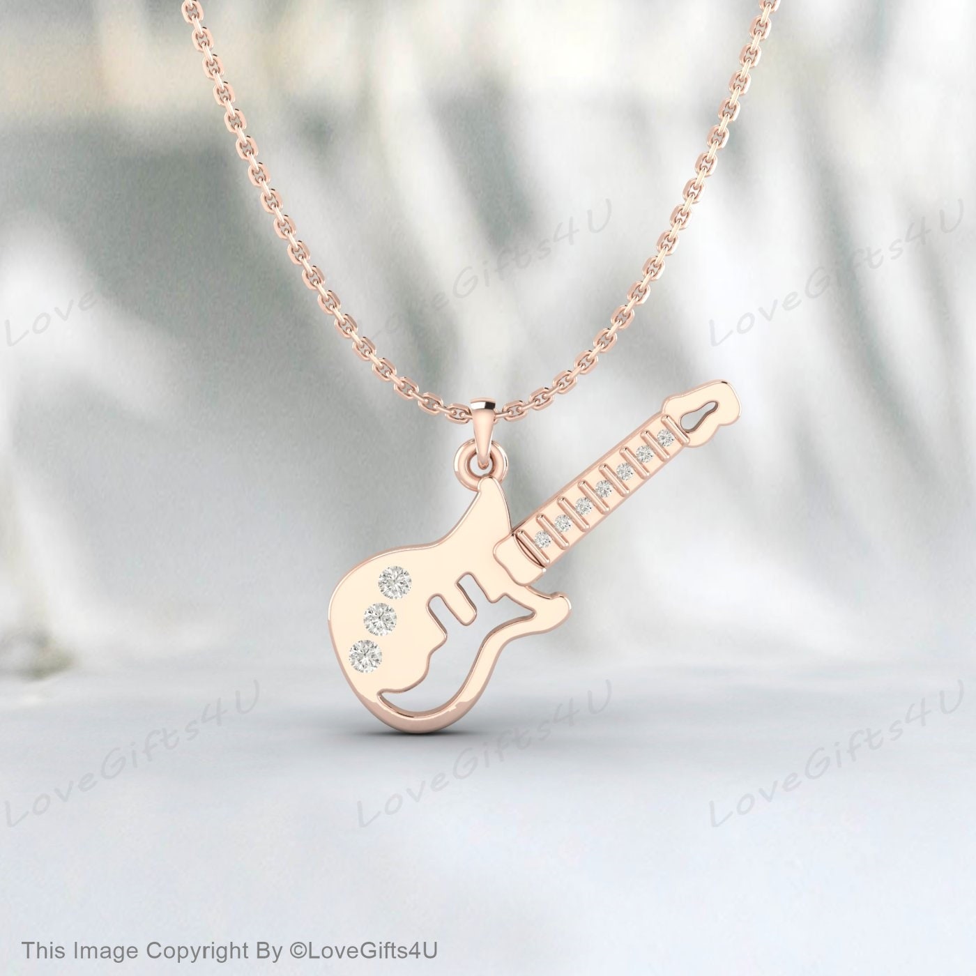 Children's Gold Necklace, Diamond Guitar Necklace, Recycled Silver Kids Jewelry, Guitar Charm, Guitar Necklace for Kids, Guitar Pendant