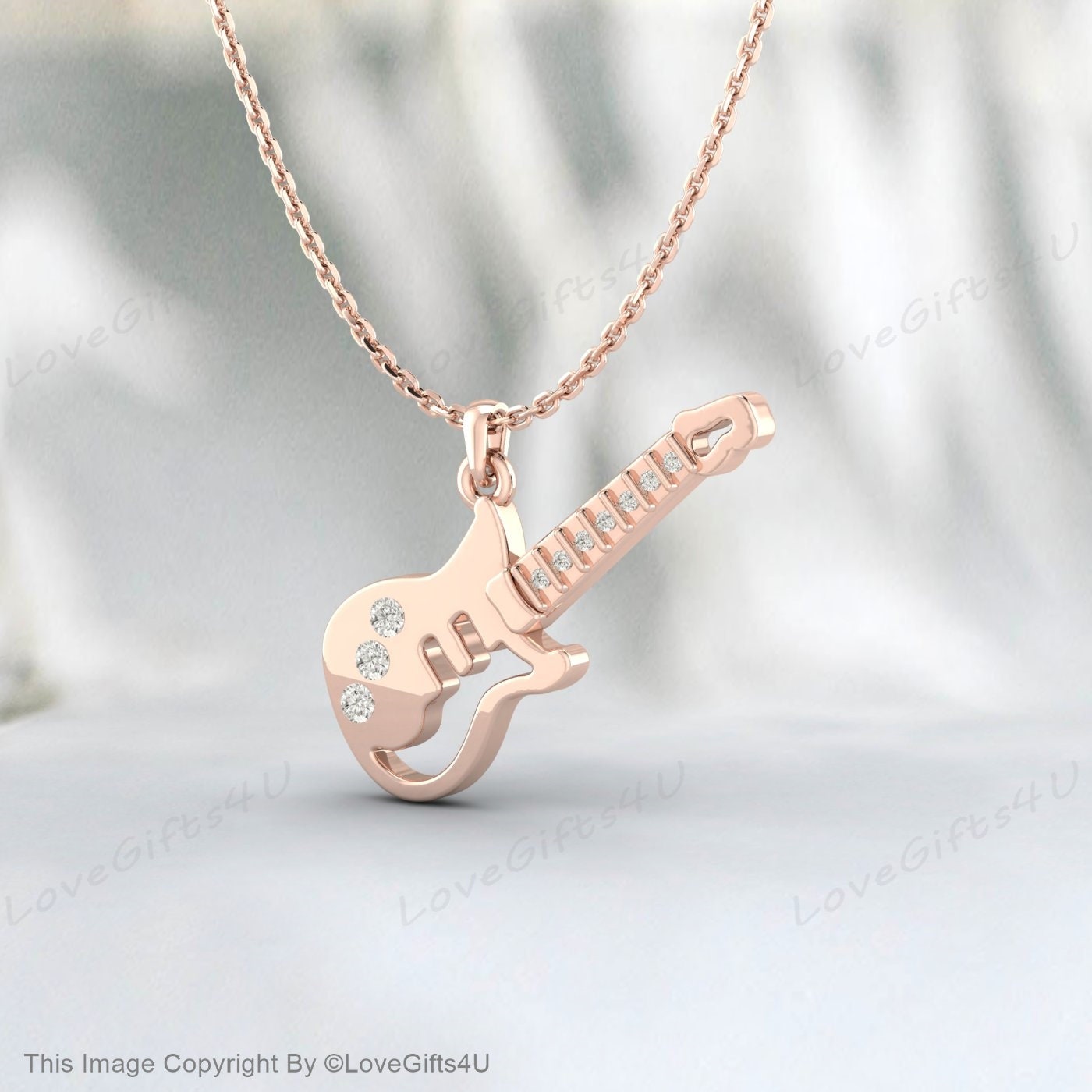 Children's Gold Necklace, Diamond Guitar Necklace, Recycled Silver Kids Jewelry, Guitar Charm, Guitar Necklace for Kids, Guitar Pendant