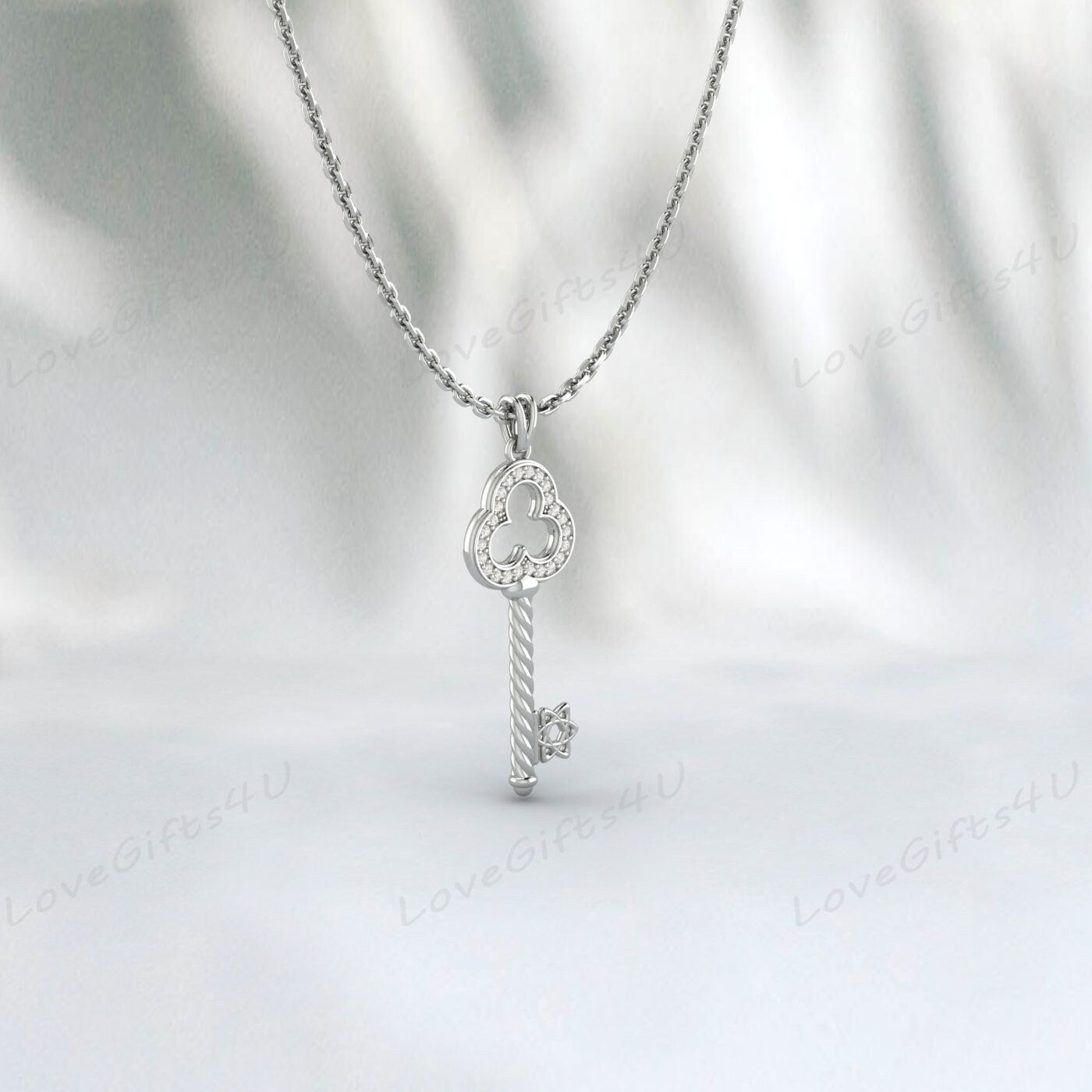 Diamond Key Pendant Necklace, 14k 18k 10k Solid Gold Diamond Key Charm Necklace, Valentines Day Gift for Wife, New Mom Gift for Mother