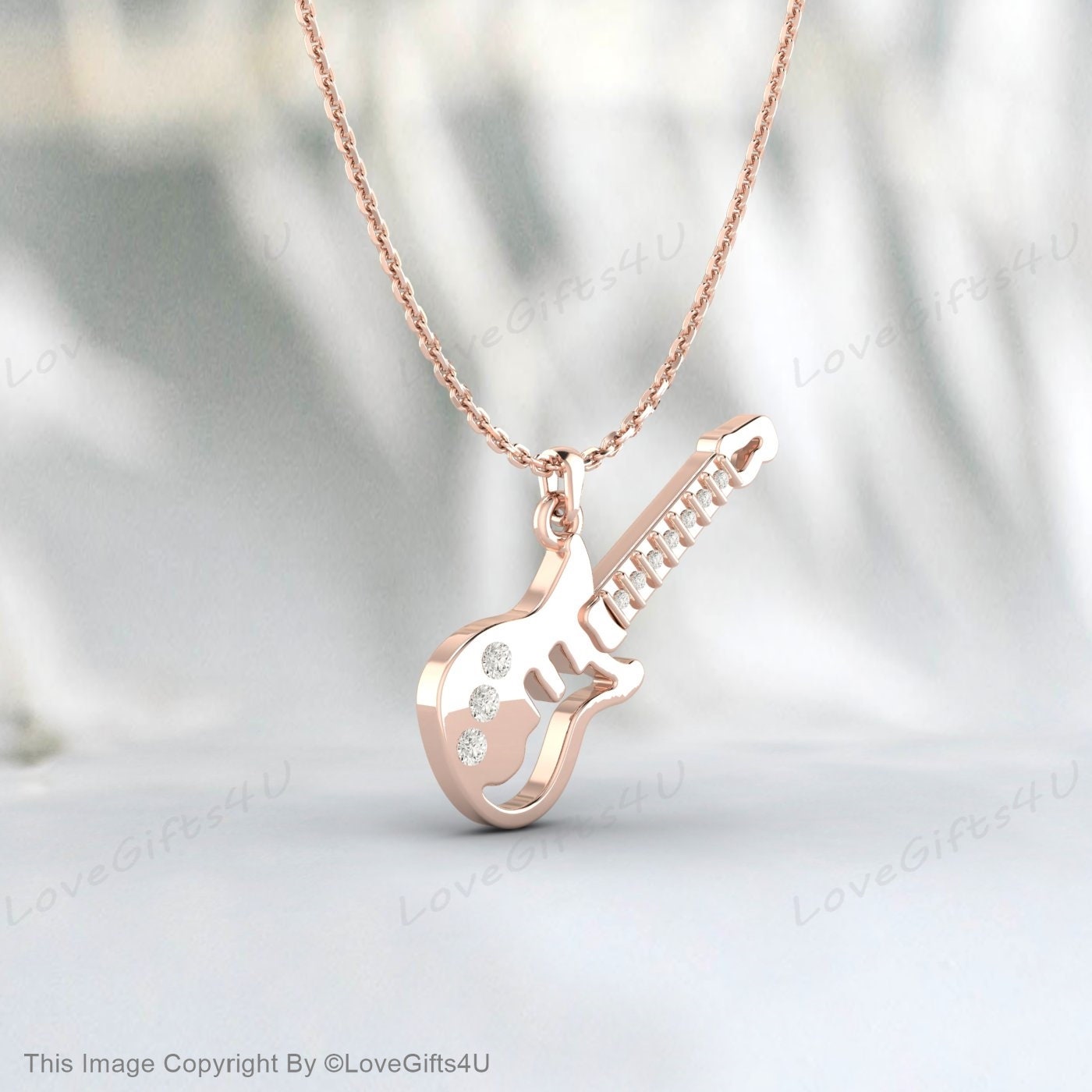 Children's Gold Necklace, Diamond Guitar Necklace, Recycled Silver Kids Jewelry, Guitar Charm, Guitar Necklace for Kids, Guitar Pendant