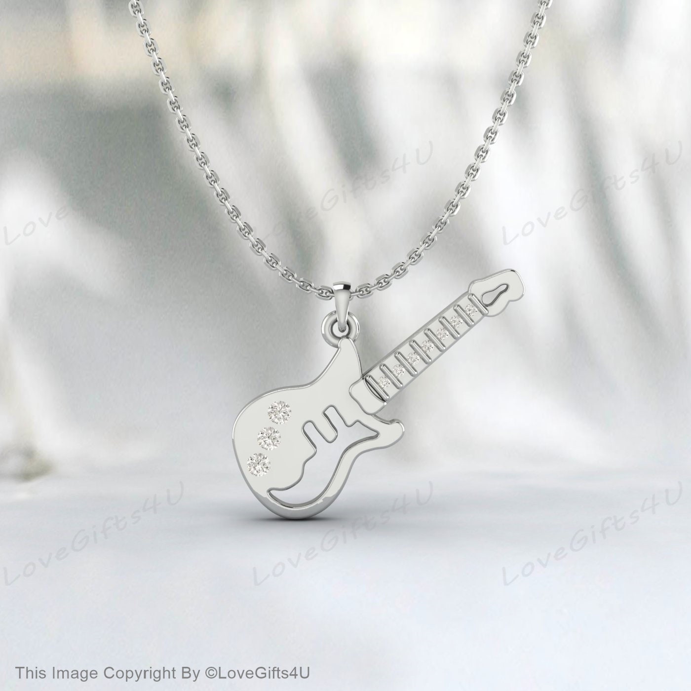 Children's Gold Necklace, Diamond Guitar Necklace, Recycled Silver Kids Jewelry, Guitar Charm, Guitar Necklace for Kids, Guitar Pendant