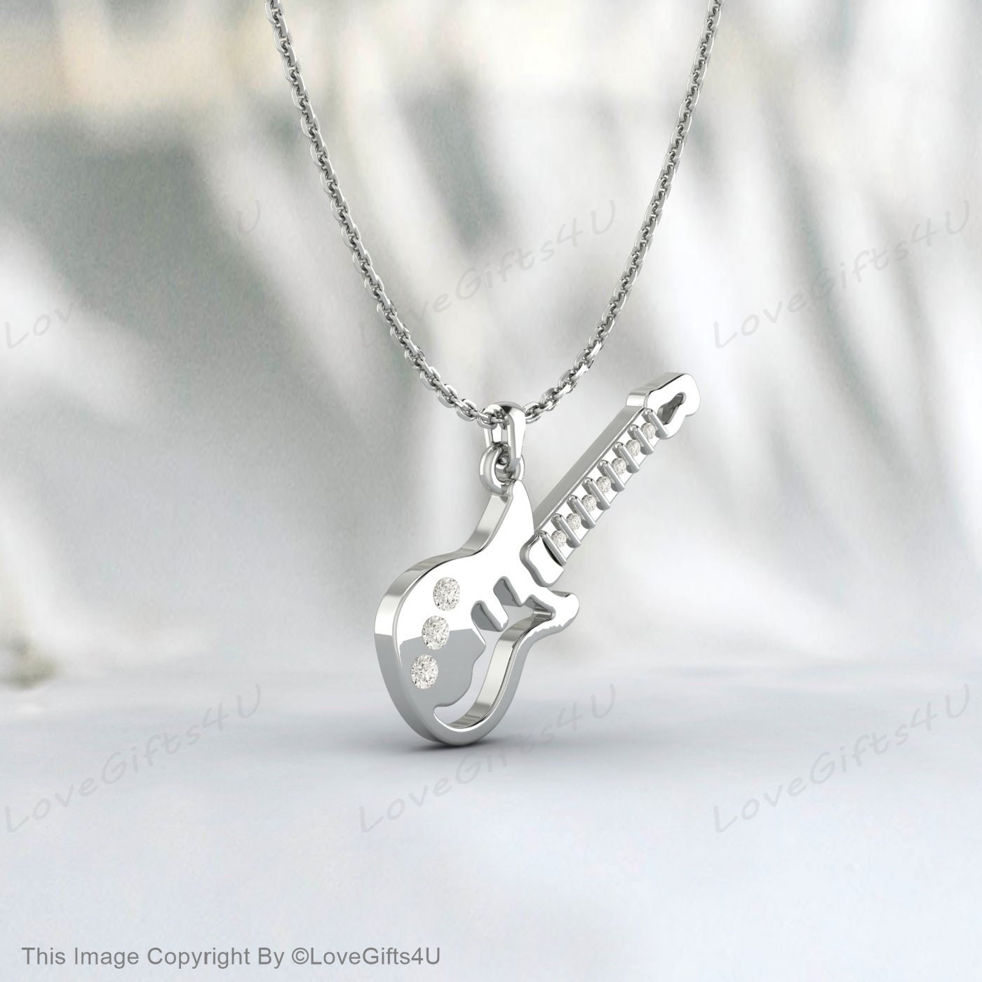 Children's Gold Necklace, Diamond Guitar Necklace, Recycled Silver Kids Jewelry, Guitar Charm, Guitar Necklace for Kids, Guitar Pendant