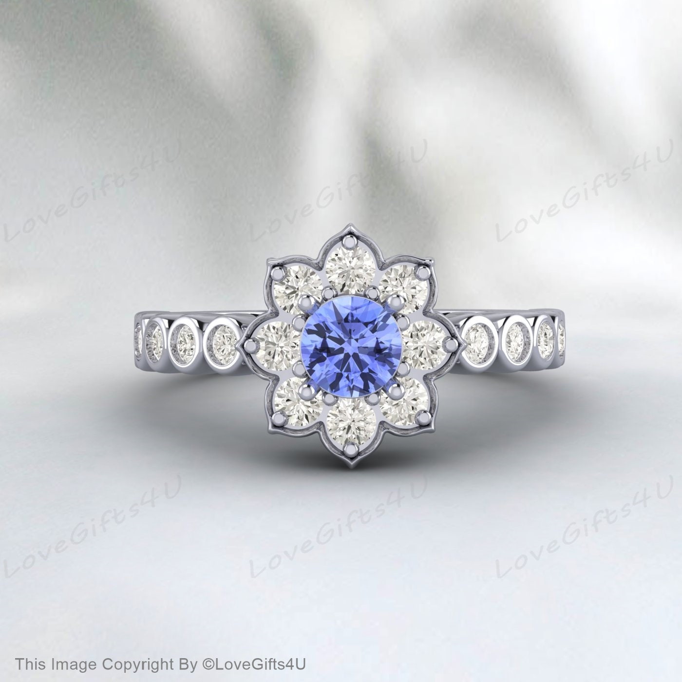 Round Tanzanite Floral Engagement Ring Promise Ring Anniversary Gift