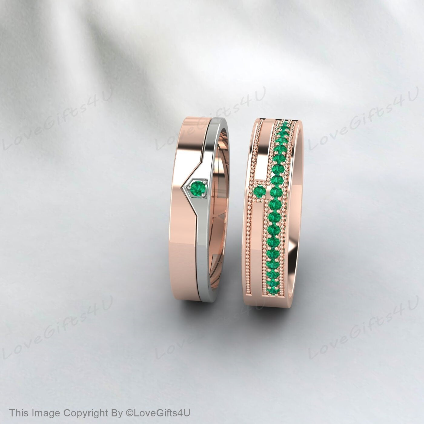 Green Emerald Couples Ring Set For Couples Wedding Bands His And Hers