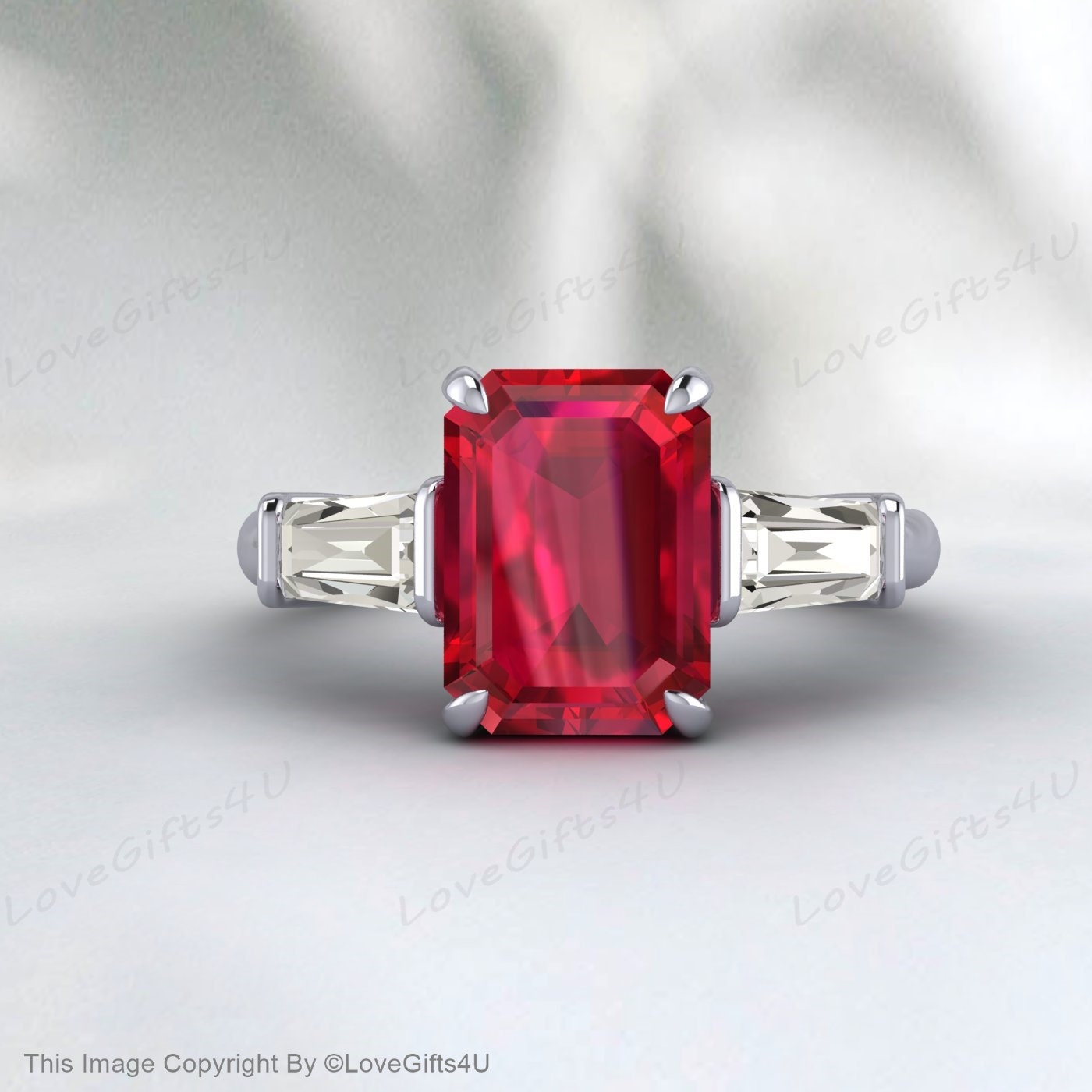 Bague de fiançailles rubis taille émeraude baguette en argent diamant rubis Cz