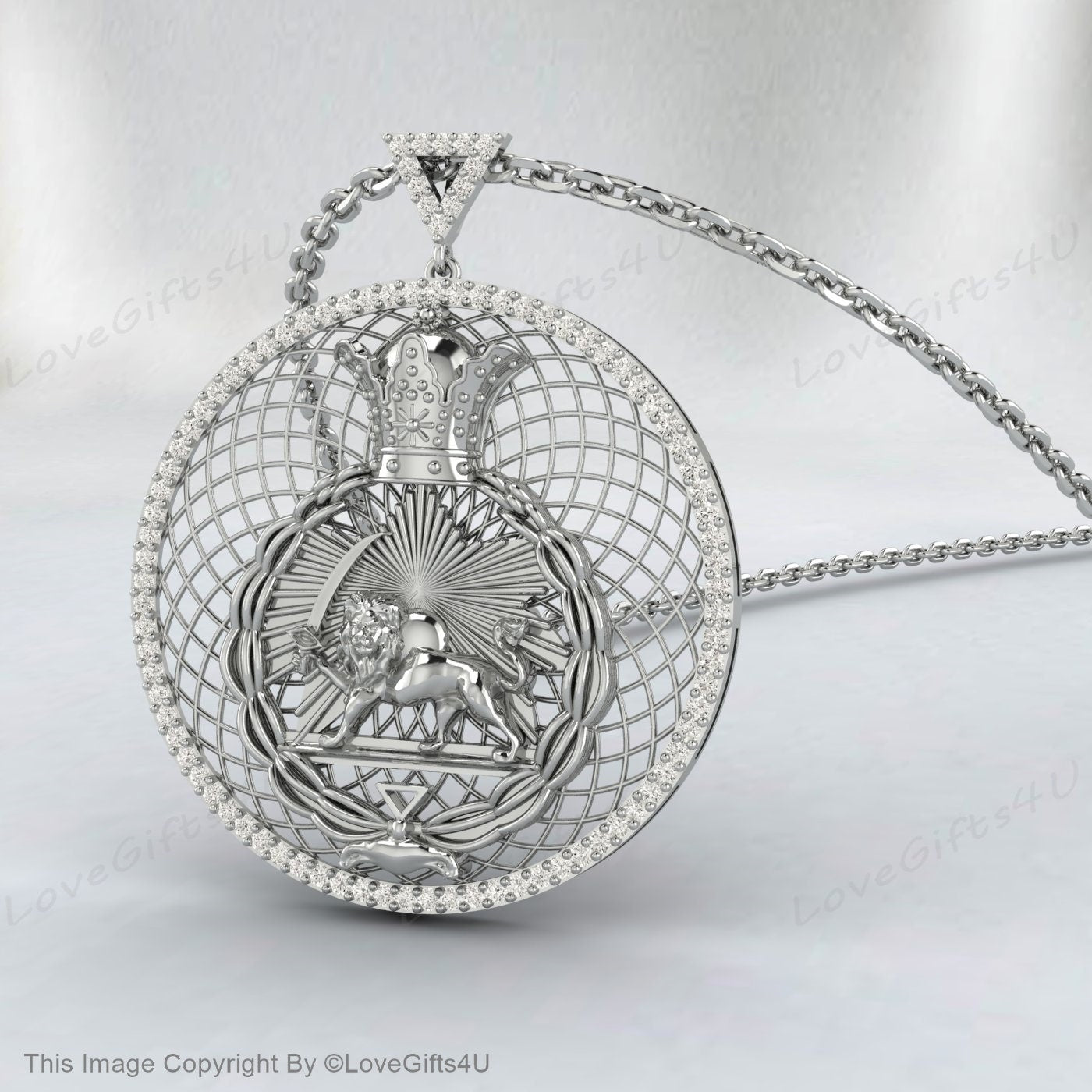 Loin and sun Pendant, Animal Necklace, Pahlavi dynasty pendant, 925 Sterling Silver pendent Persian Pahlavi Kingdom Leo Necklace