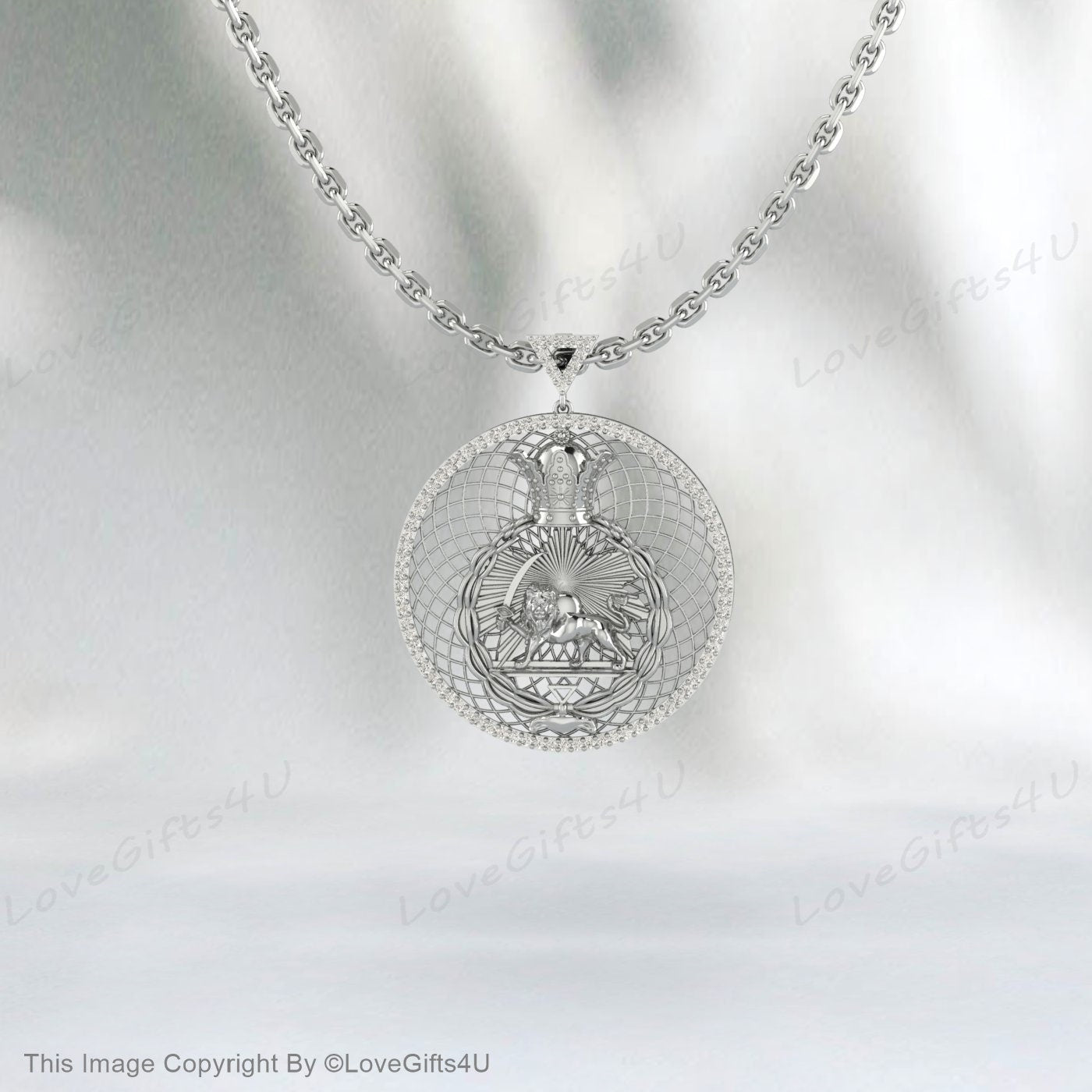 Loin and sun Pendant, Animal Necklace, Pahlavi dynasty pendant, 925 Sterling Silver pendent Persian Pahlavi Kingdom Leo Necklace