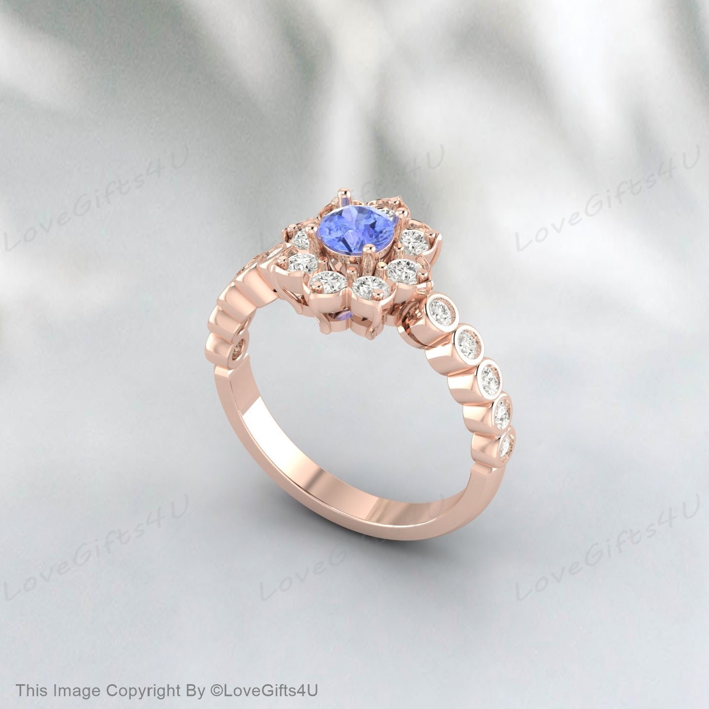 Round Tanzanite Floral Engagement Ring Promise Ring Anniversary Gift