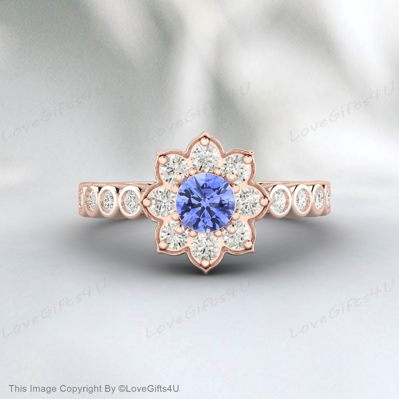 Round Tanzanite Floral Engagement Ring Promise Ring Anniversary Gift