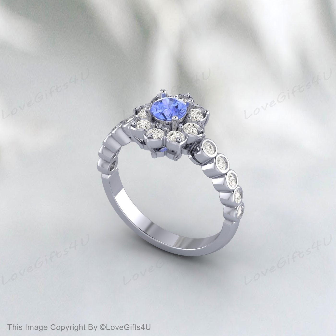 Round Tanzanite Floral Engagement Ring Promise Ring Anniversary Gift