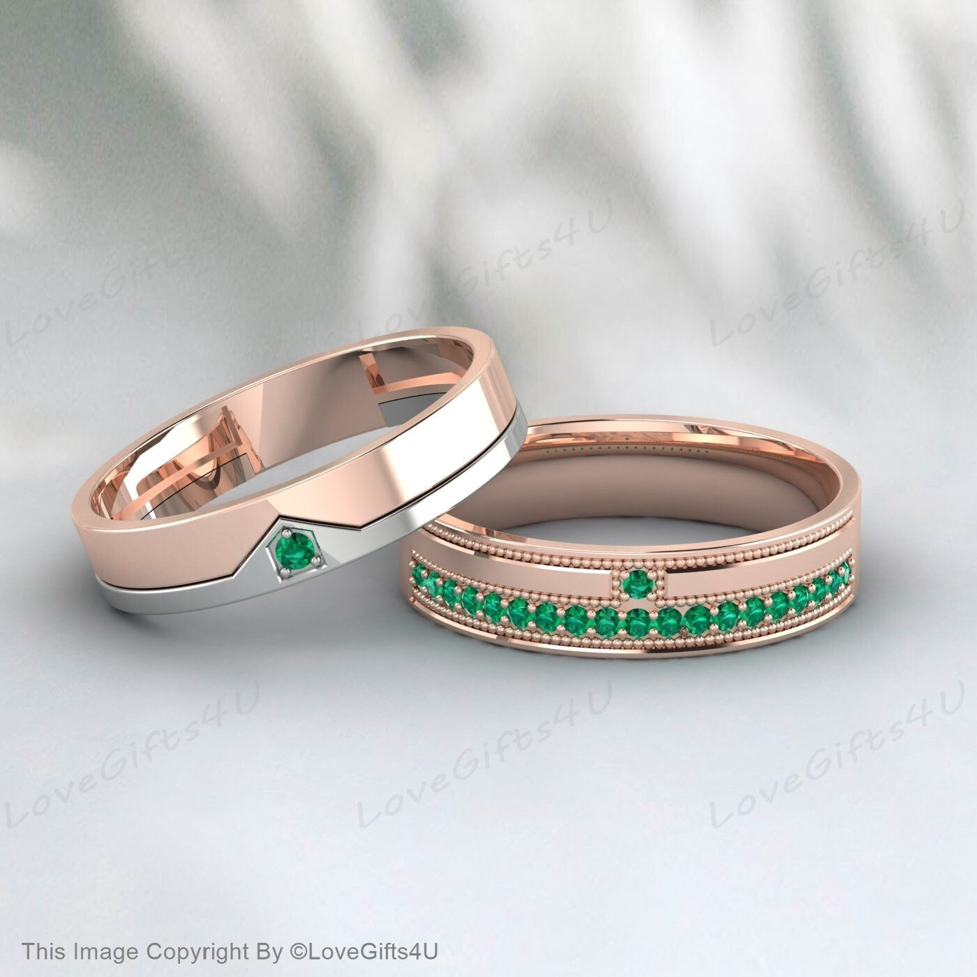 Green Emerald Couples Ring Set For Couples Wedding Bands His And Hers